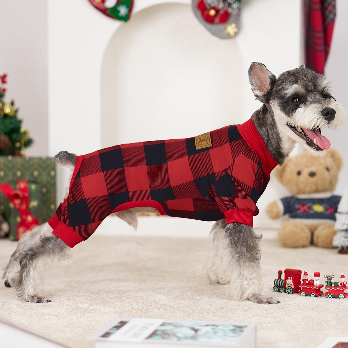 XPUDAC 4 Pack Dog Pajamas for Small Dogs Cats Plaid Dog Clothes Puppy Onesies Dog Christmas Pajamas Puppy Jumpsuits Pet Pjs Shirt Apparel (2X-Large, Red Green Khaki Grey