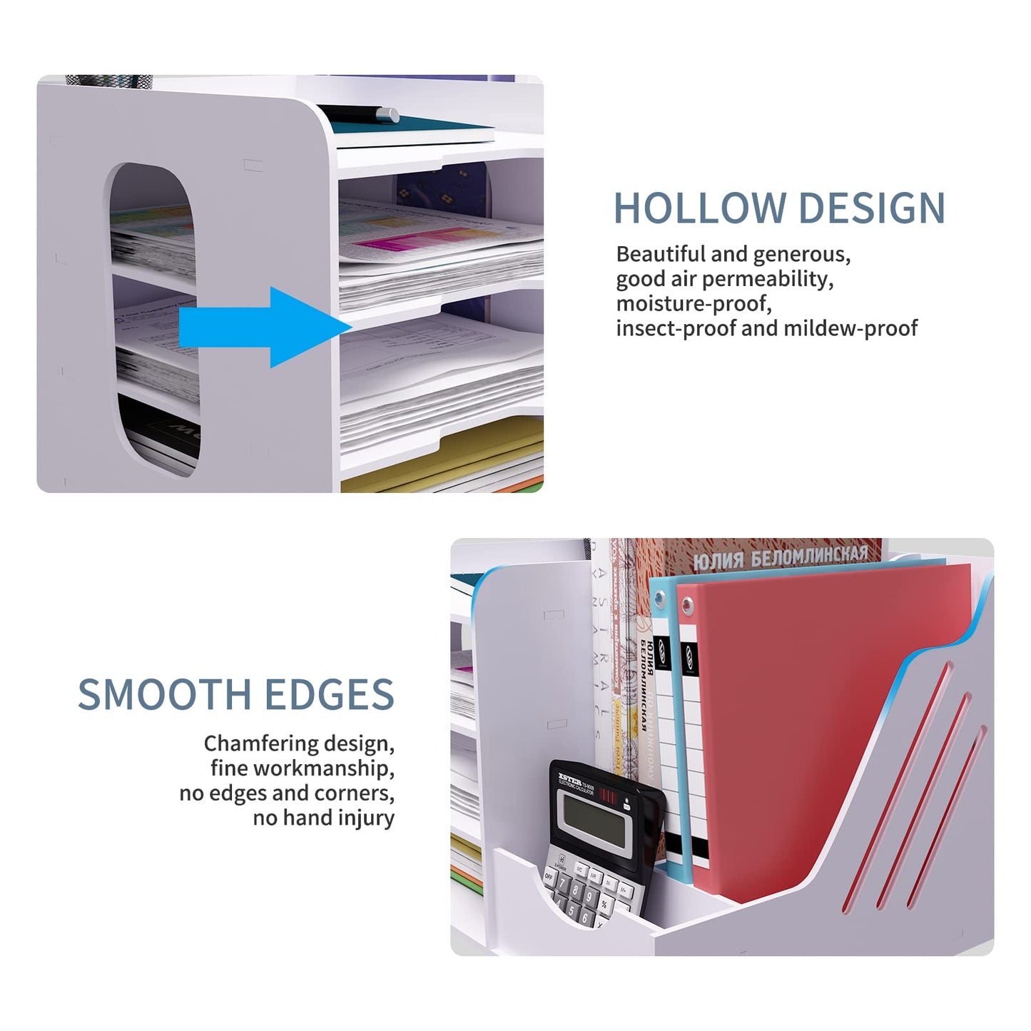 Natwind 4-Tier Office White Desktop Organizer Paper File Rack with Vertical Horizontal File Holder All in One Supplies Storage Box Mail Sorter on Desk Tabletop Binder Folder Letter Trays Study Home