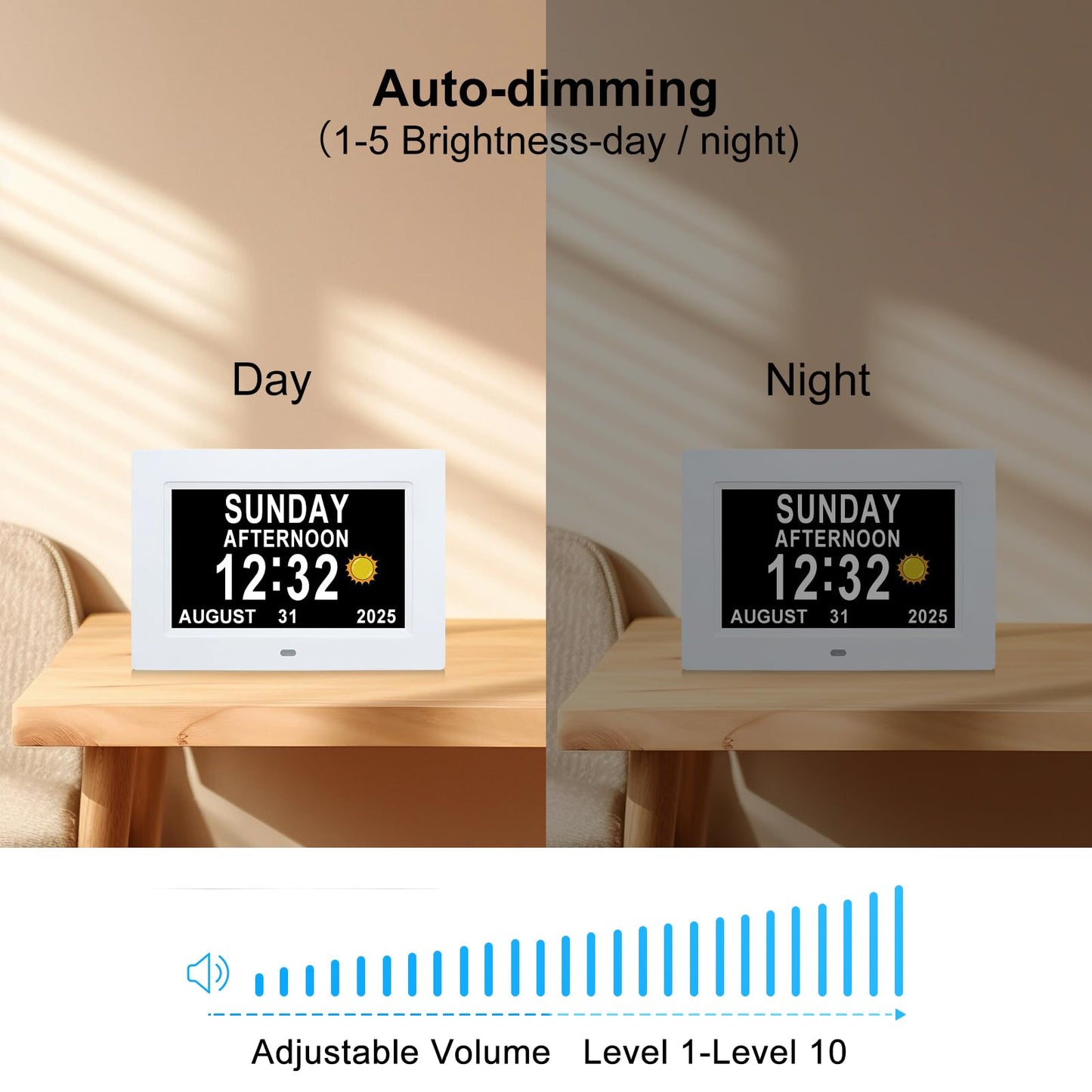 Dementia Clock for Seniors 7" Large Display Digital Calendar Day Clock,15 Custom Reminders, Alarm Clock with Day and Date,Auto-Dimmer,Electronic Calendar for Elderly Alzheimer's White-Remote Control