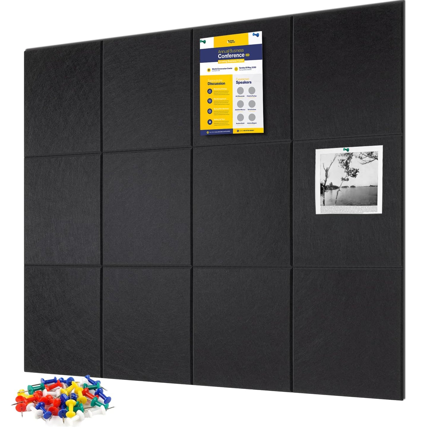 Large Cork Board for Walls, 12 Packs Black Felt Wall Tiles with 35 Pushpins, 48" X 36" Large Bulletin Board, Removable Cork Board Alternative for Home School Office Wall Decor (Black, Square-12pcs)