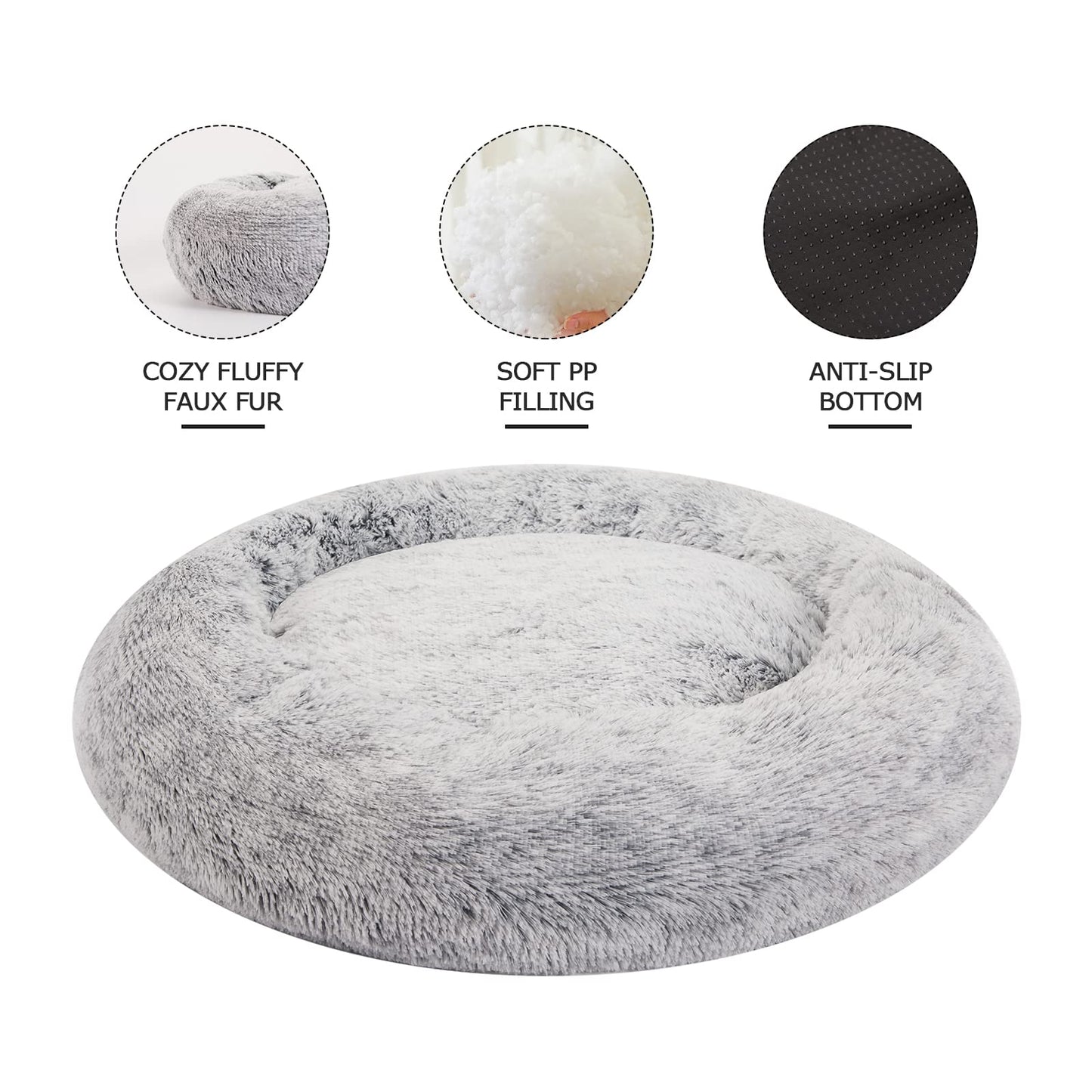 Bedfolks Calming Donut Dog Bed, 30 Inches Round Fluffy Dog Beds for Medium Dogs, Anti-Anxiety Plush Dog Bed, Machine Washable Pet Bed (Dark Grey, Medium)