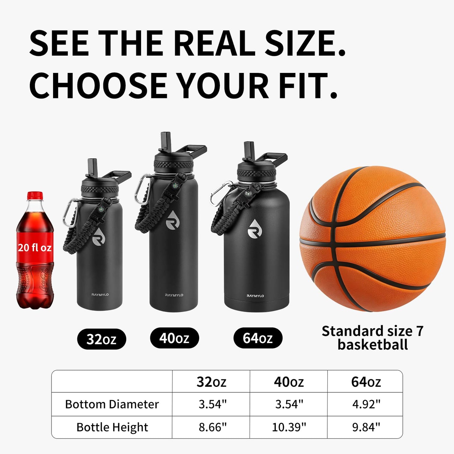 RAYMYLO Insulated Water Bottle 64 oz, Triple Wall Vacuum Stainless Steel (Cold for 48 Hrs), Leak Proof & Non-BPA, Half Gallon Water Flask Jug with Paracord Handle & Straw Spout Lids, Magic Black