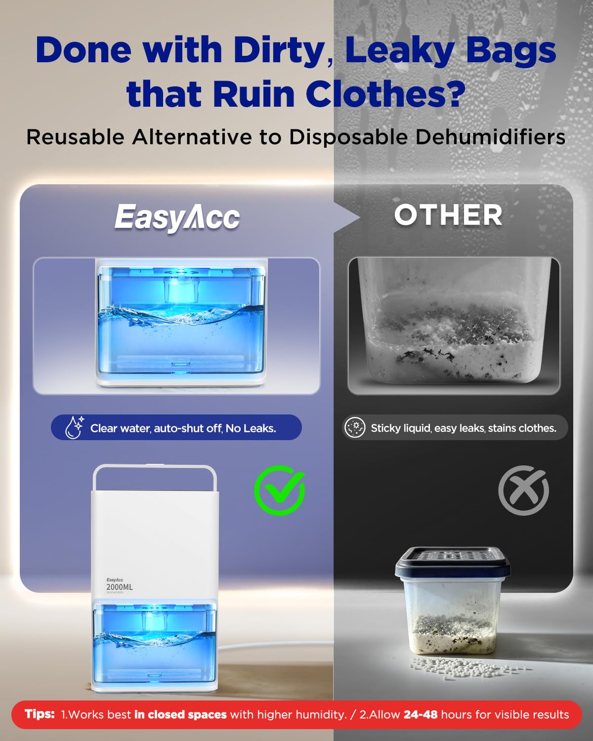 EasyAcc Small Dehumidifier for Closet, 2000ML Tank Deshumidificateur Max 500-650ML/Day-3 Modes Speeds/Ultra Quiet/Auto Defrost 7 Colour LED Light Auto Shut Off - Ideal for Closet RV Small Room