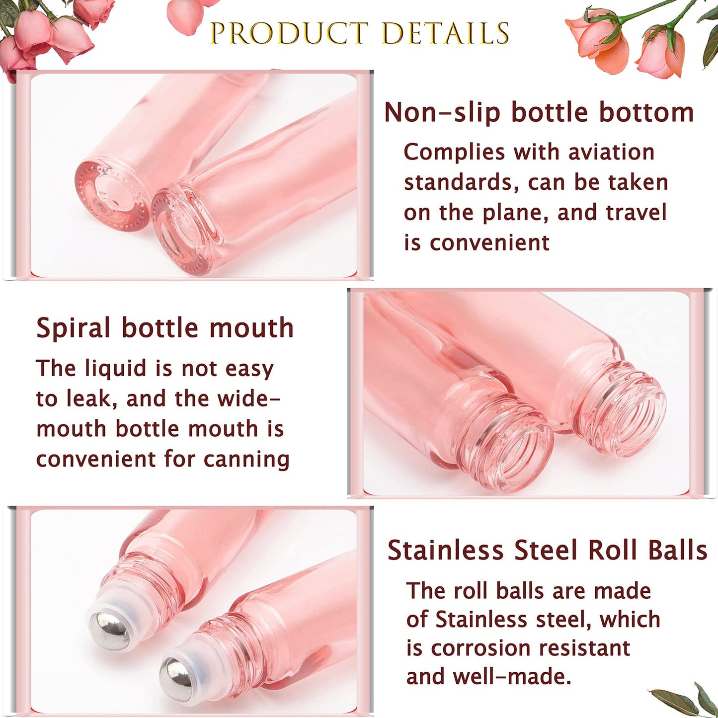 Newzoll 45Pcs 10ml Essential Oil Roller Bottles, Thick Glass Roll on Vials Massage Containers with Stainless Steel Roller Ball for Perfumes Aromatherapy Lip Balms, Rose Gold