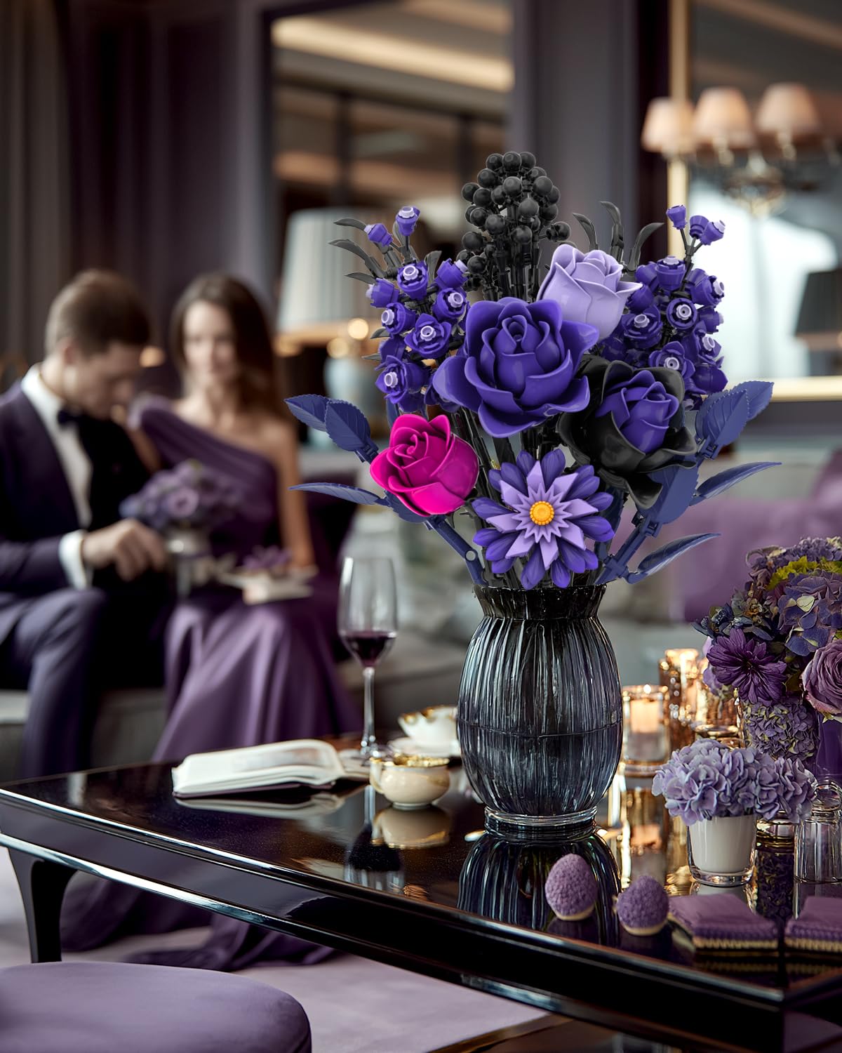 Purple Rose Bouquet Building Set, Artificial Floral Building Toys for Gothic Home Decor, Ideal Gift for Halloween & Christmas, Compatible with Lego Flower Set for Adults, Women, and Teen Girls