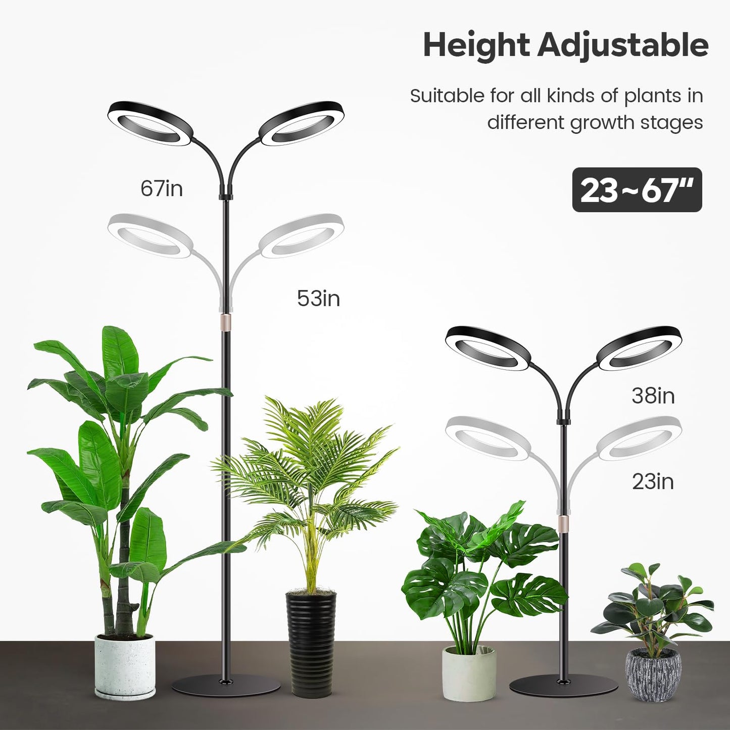Garpsen Halo Grow Lights, Dual-Head Full Spectrum LED Plant Lights for Indoor Growing with Stand, 3 Color Modes Grow Lamp with Timer 6/12/16H, 5 Dimmable Levels, 164 LEDs and 67''Height Adjustable