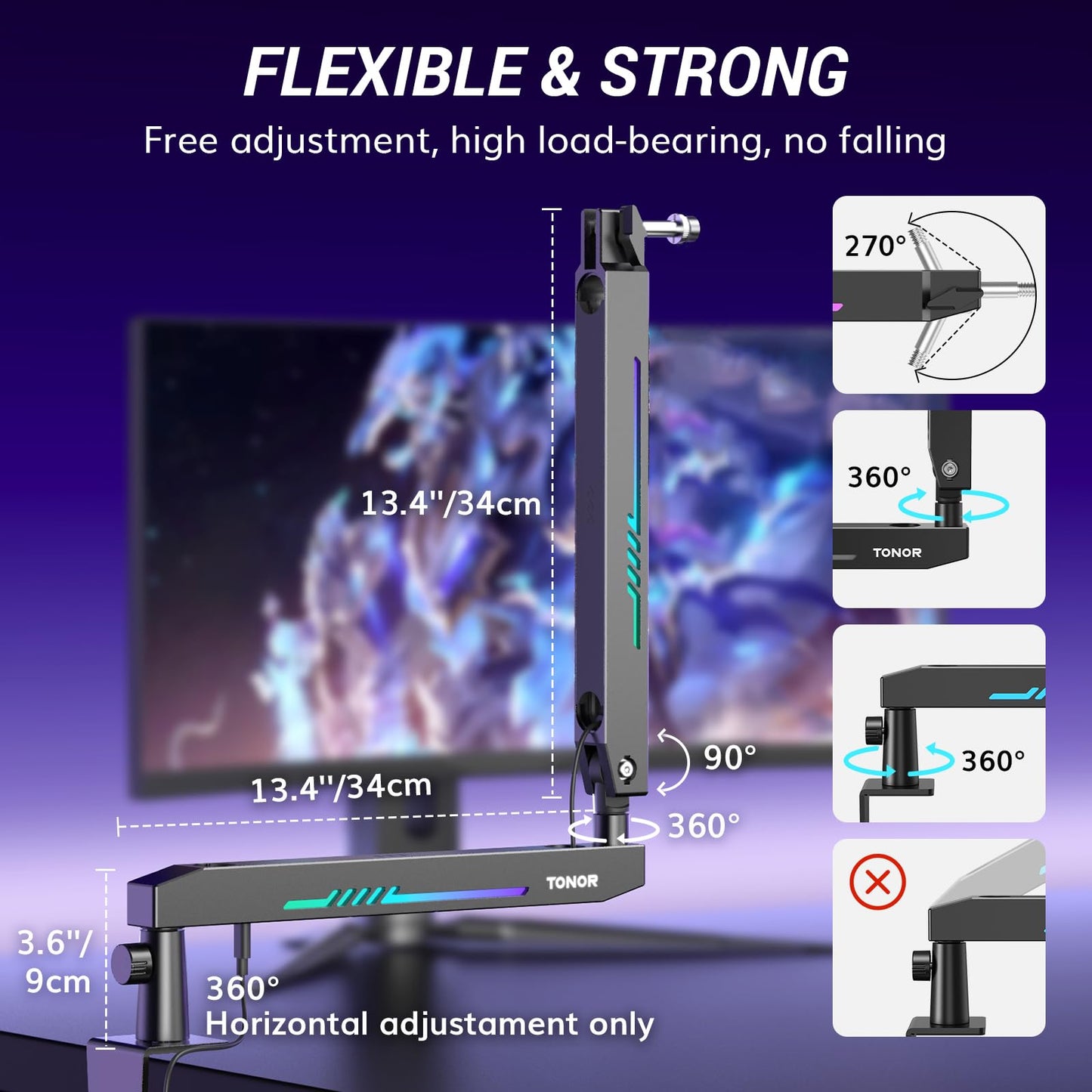 TONOR RGB Gaming Mic Arm, Low Profile Microphone Boom Arm with controllable RGB Light, Mic Stand with Cable Management, Compatible with Popular Microphones for Streaming, Studio, T90LP