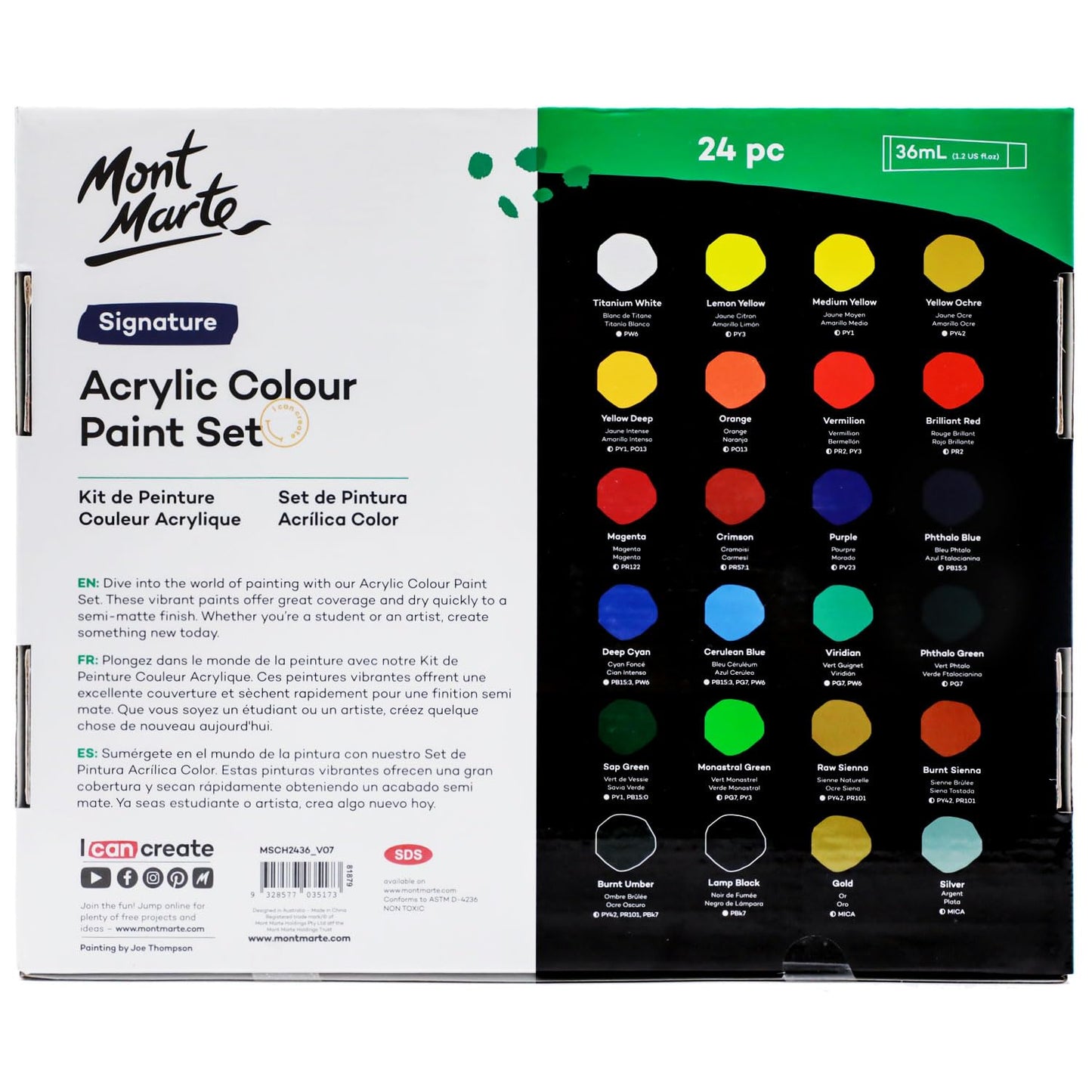 Mont Marte Acrylic Colour Paint Set Signature 24pc x 36ml (1.21 US fl.oz), Acrylic Paint kit Ideal for Canvas, Wood, Air Dried Clay, Cardboard and More, Great Beginner Acrylic Paint Set, Includes 24 Colours