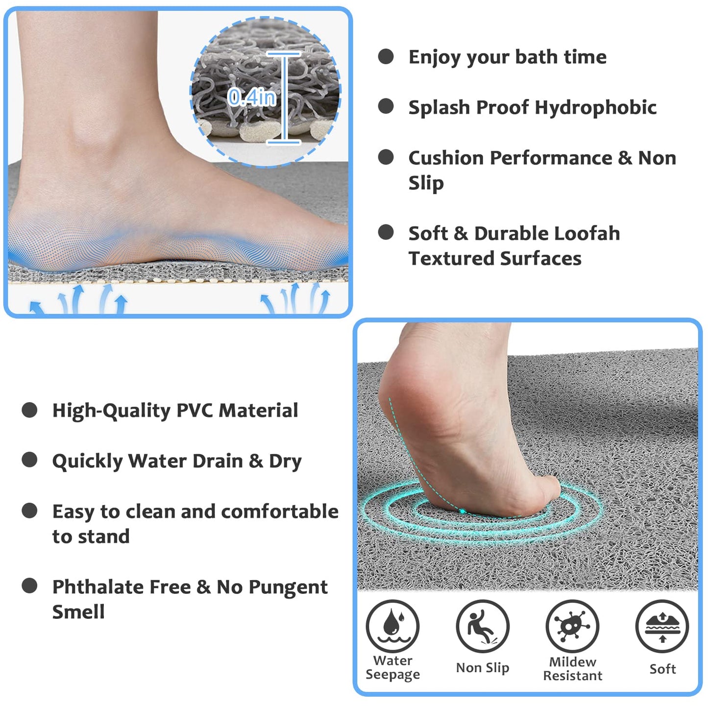 Bathtub Mat Non Slip Shower Mat, 40 x 100 cm, Soft Textured PVC Loofah Mat for Bathroom Inside Shower Anti Slip Bath Mat Bathroom Rug Carpet No Suction Cup, Quick Dry