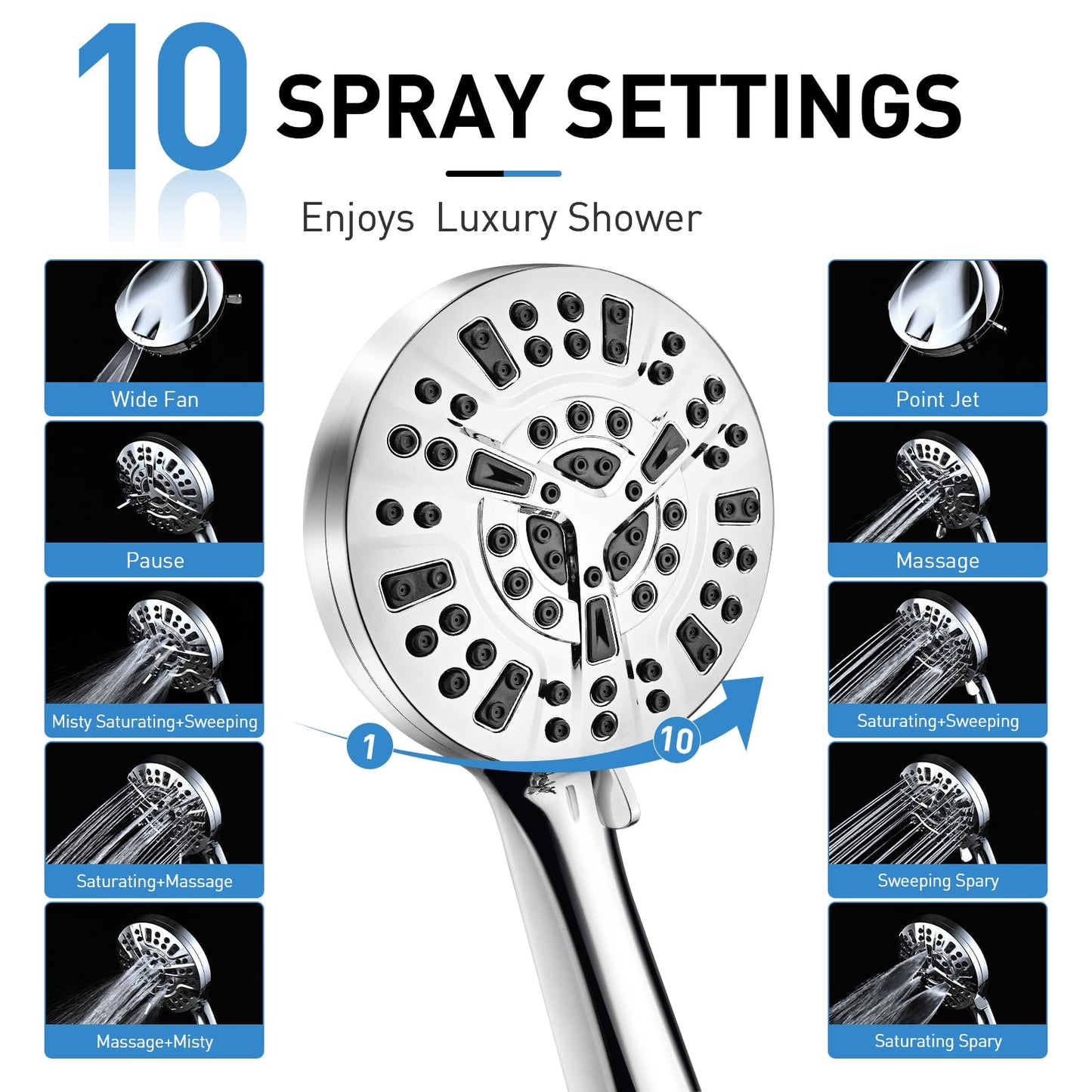 Shower Head, 10-Mode High Pressure Shower Head with Handheld, Non-Clogging Nozzles High Flow Hand Held Shower Head, Shower Head with Leakproof Hose&Metal Bracket