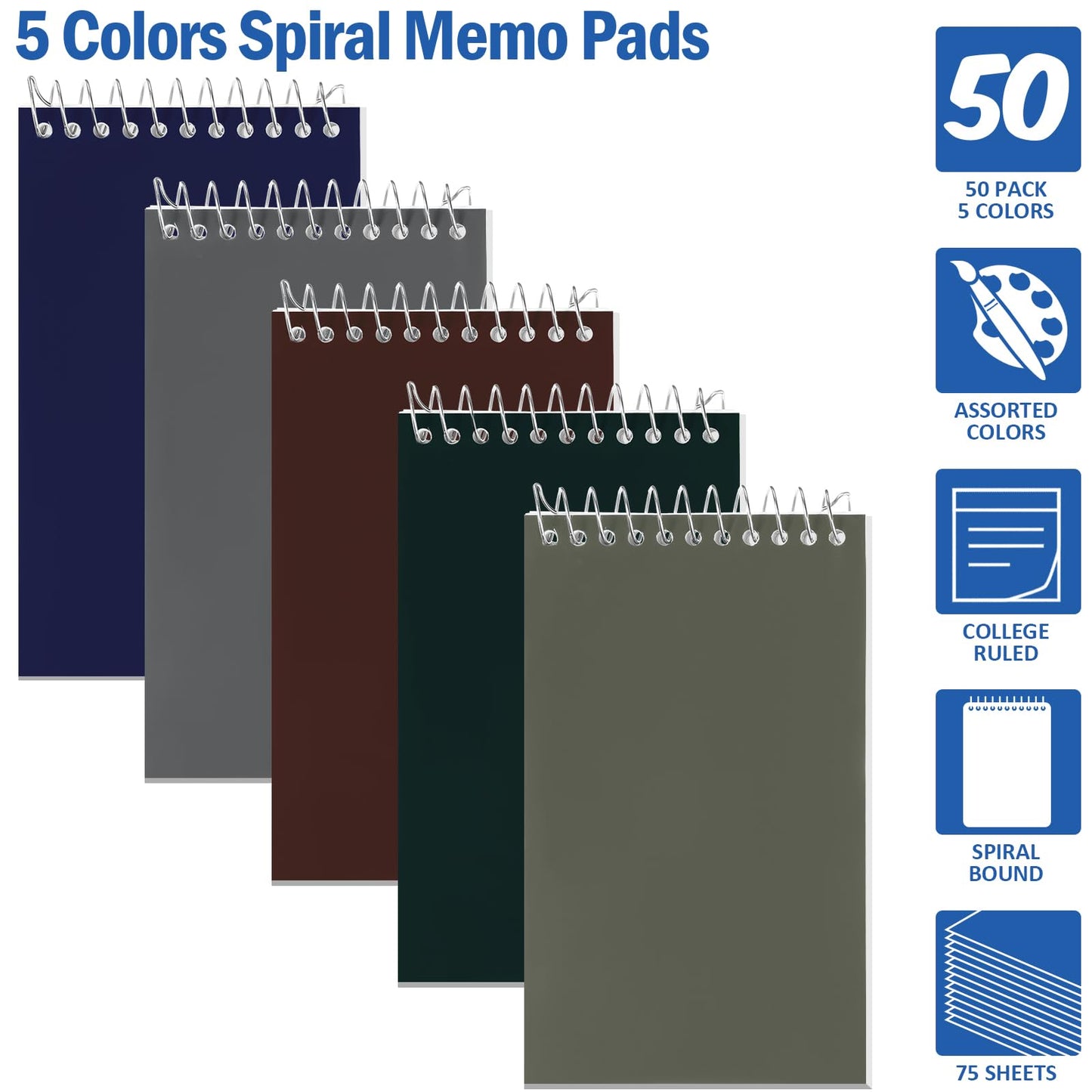 Teling 50 Pieces Spiral Memo Pads Bulk 3 x 5 Inch Small Note Pads Top Bound Lined College Ruled Paper Mini Notepad Pocket Spiral Notebooks for School Office Home Supplies, 75 Sheets (Mixed Colors)