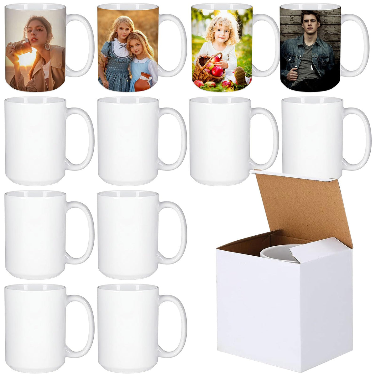 12 Pack Sublimation Mugs 15 oz, Blank White Ceramic Coffee Mugs for Heat Press, Sublimation Mug Blanks for DIY Photo Printing, Latte Cappuccino Tea Cups, Dishwasher Safe