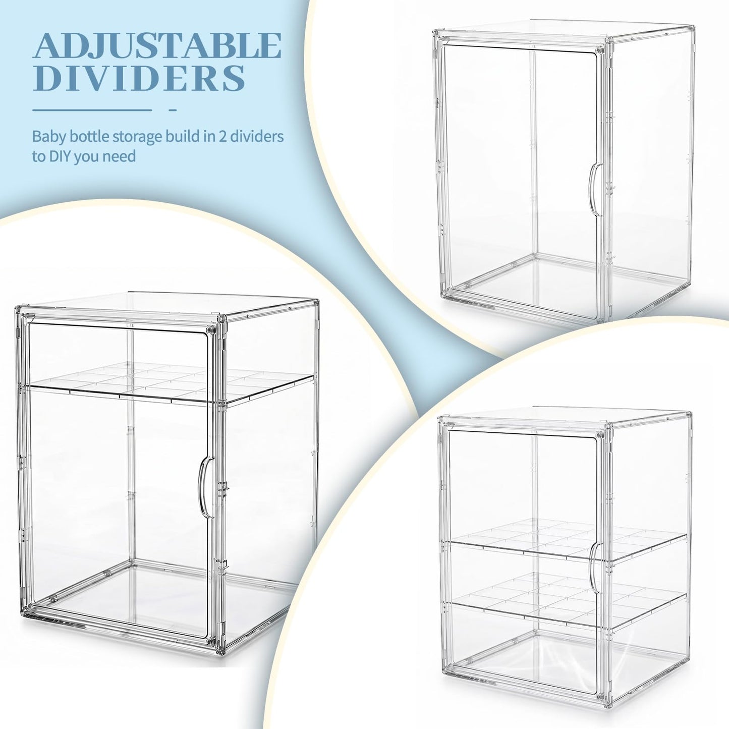 Zebrater Baby Bottle Organizer, 3 Tier Bottle Storage Organizer Baby, Adjustable Clear Acrylic Bottles Storage Station with Magnetic Door and Hook for Pacifiers Pump Parts, Makeup & Bathroom Organizer