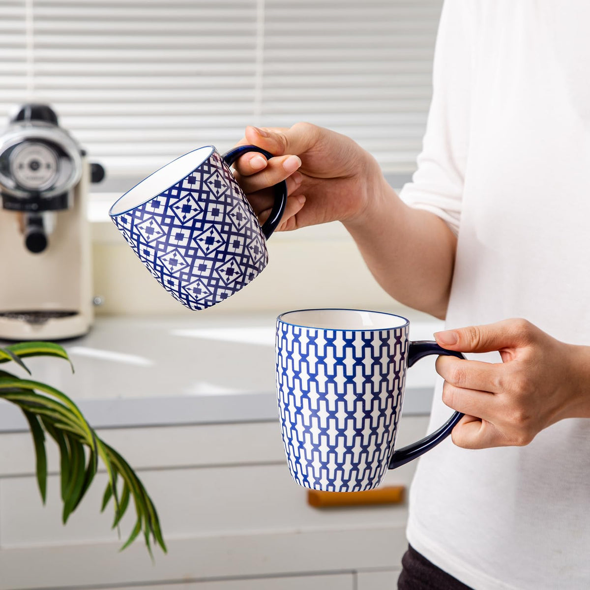 Cerkik Ceramic Coffee Mugs Set - 10 Oz Large Porcelain Tea Cups with Handle for Cappuccino Latte Cocoa Milk - Christmas Housewarming Gift - Microwave Dishwasher Safe - Set of 6 - Vintage Blue