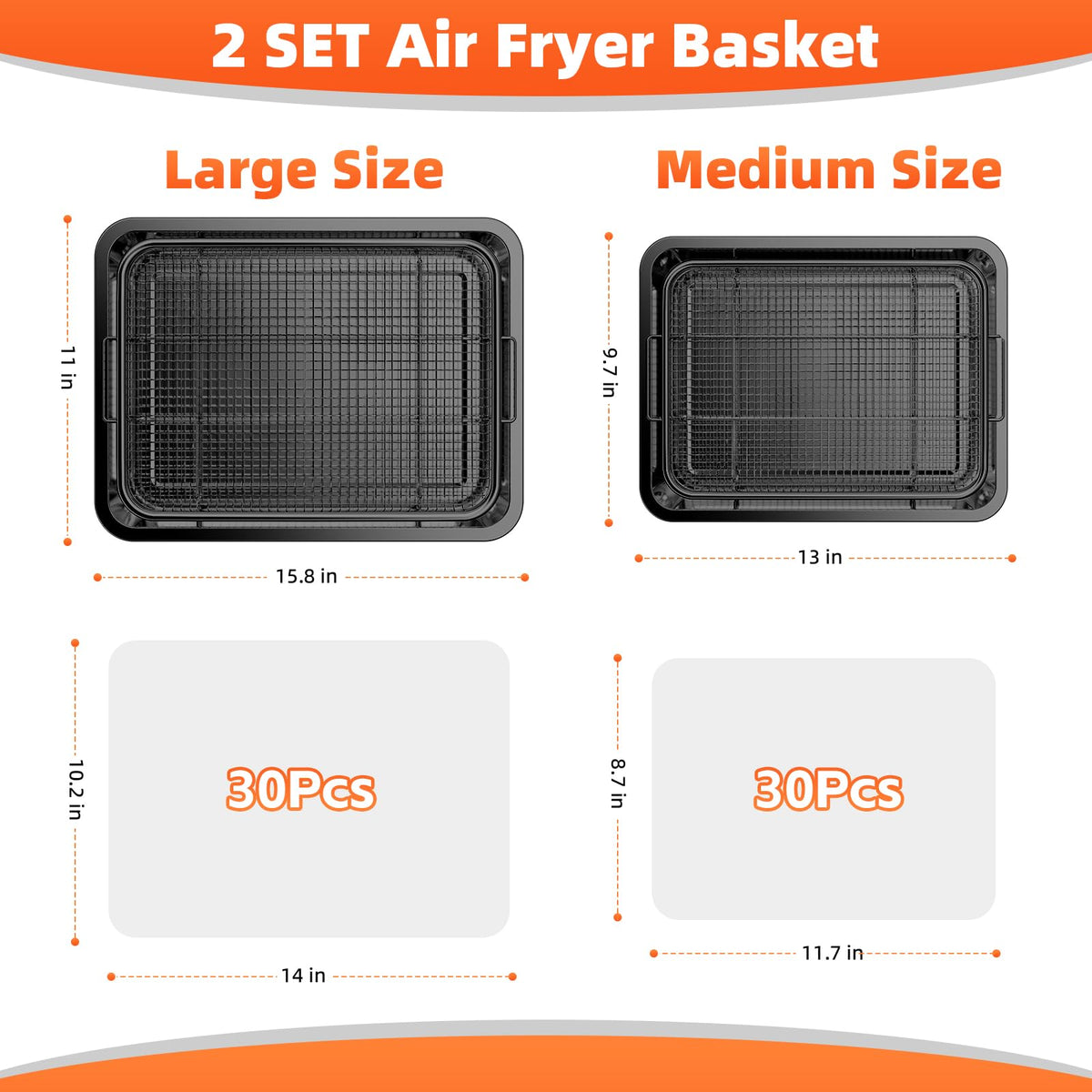Air Fryer Basket, 2 Set Air Fryer Pans and Tray for Oven with 60 PCS Parchment Papers, Demaxia Non-Stick Stainless Steel Oven Air Fryer Basket and Tray (15.8" x 11" & 13" x 9.7"-Black)
