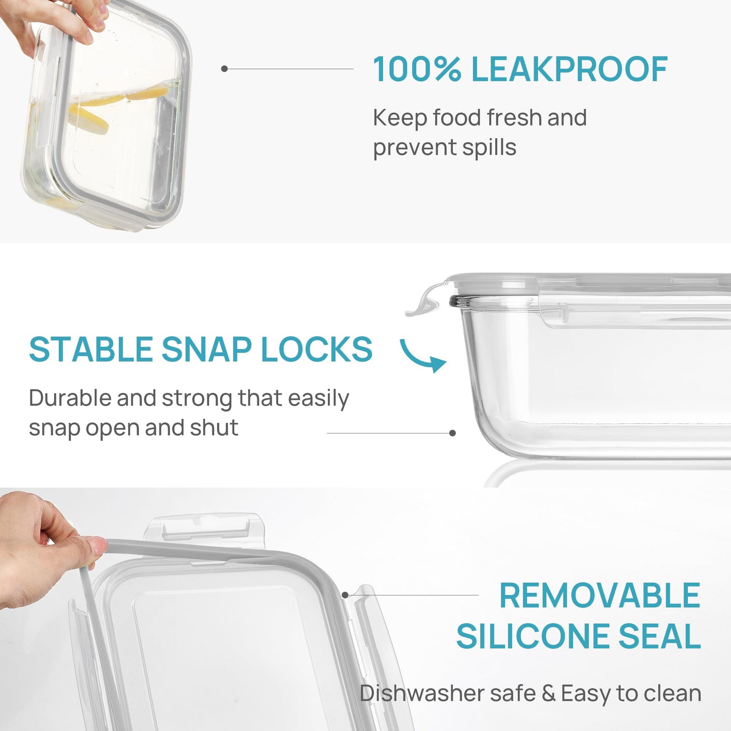 Vtopmart 2Pack 1860ml/ 63oz Large Glass Storage Containers with Lids, Meal Prep Food Container Set with Snap Airtight Lid for Baking, Microwave, Oven, Leak Proof, for Freezer, Dishwasher, Grey