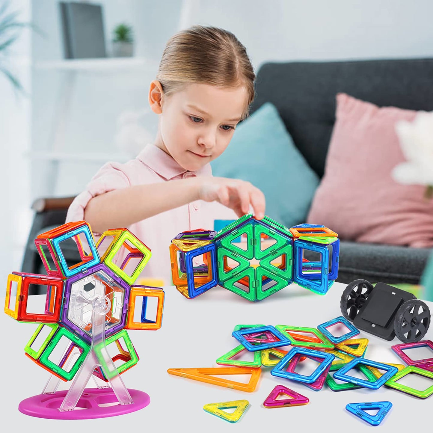 AMOSTING Magnetic Blocks Building Tiles Preschool Educational Construction Stacking Toys for 3 Years Old and Up Toddlers Boys & Girls with Ferris Wheel Stem Set & Car Wheels-100PCS