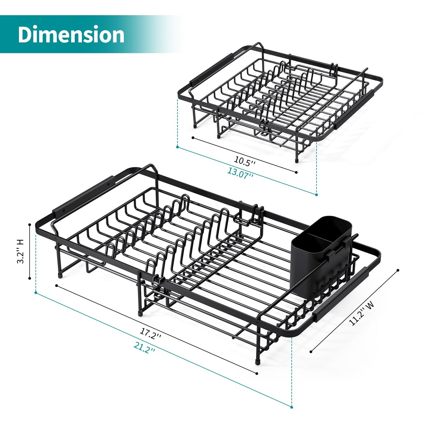 Urackify Expandable Dish Drying Rack Over The Sink, Adjustable Dish Rack in Sink, Rustproof Dish Drainer for Kitchen Counter, Dish Strainer with Utensil Holder, 13.07" ~ 21.2" X 11.2" X 3.2", Black