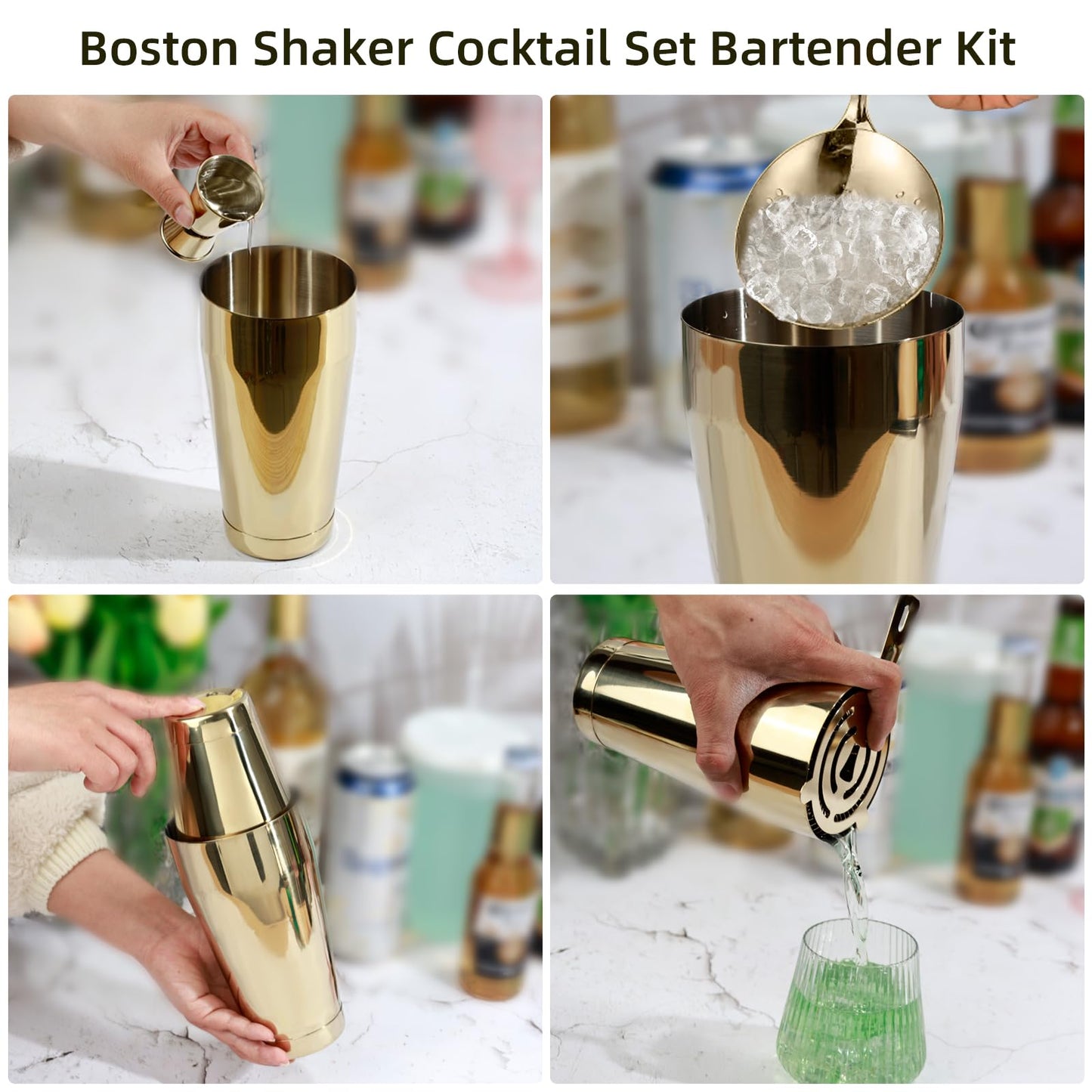 Boston Shaker Cocktail Set Bartender Kit, 12 Pcs Drink Shaker with Strainer Bartending Martini Shaker Tin with 18oz & 28oz Mixed Alcohol Shaker Professional Stainless Steel Bar Tool for Beginner(Gold)