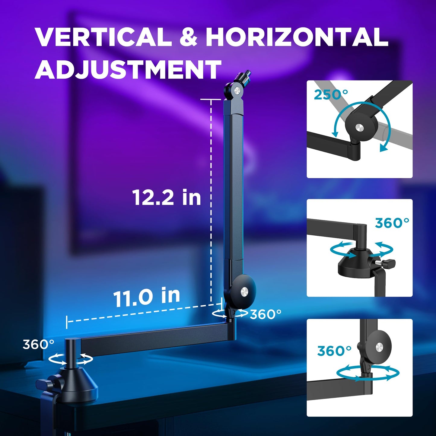 InnoGear Low Profile Mic Arm, Microphone Boom Arm Desk Mount for Fifine AM8 K669B Elgato Blue Yeti HyperX QuadCast AT2020 Shure SM58 SM7B, Mic Stand with Mic Clip 3/8" to 5/8" Adapter
