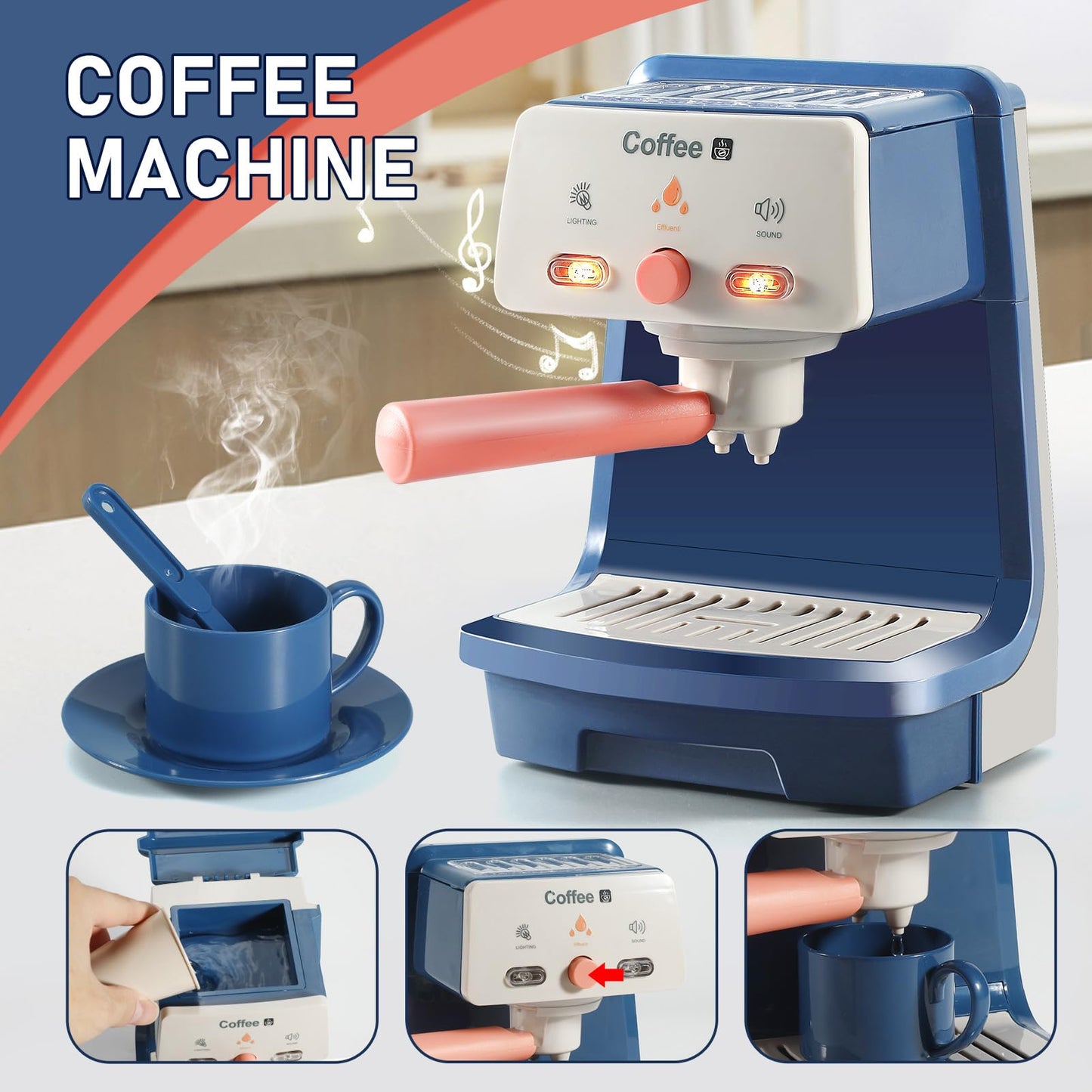 Blue Kids Assorted Kitchen Appliance Play Toys Includes Coffee Maker ,Blender,Fruit Machine and Toaster ,Apron and Cups,with Realistic Lights& Sounds,Learning Gift for Toddlers Baby Girls Boys