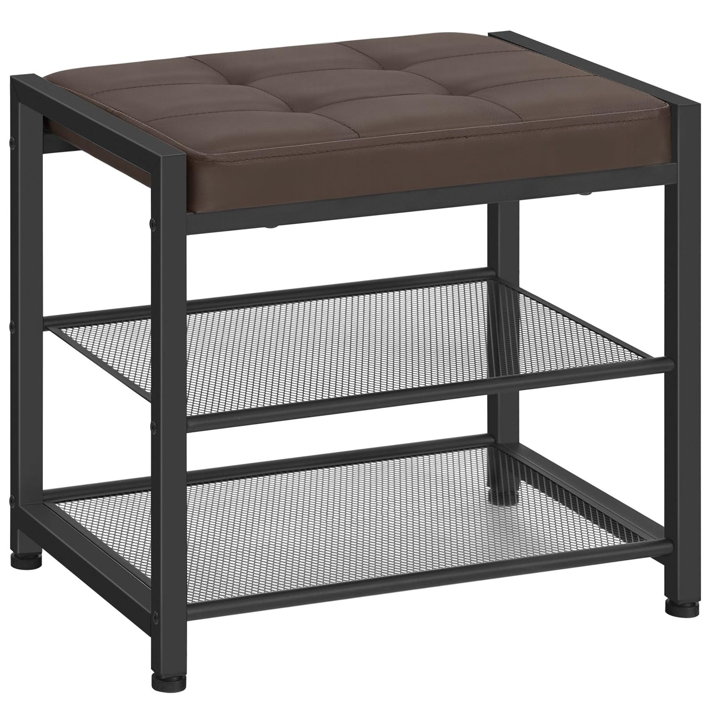 HOOBRO Small Shoe Bench, 3-Tier Shoe Rack, Shoe Storage Bench with PU Seat Cushion, Entryway Shoe Rack Bench with Metal Mesh Shelves, Freestanding Shoe Organizer for Hallway, Brown CB33HX01