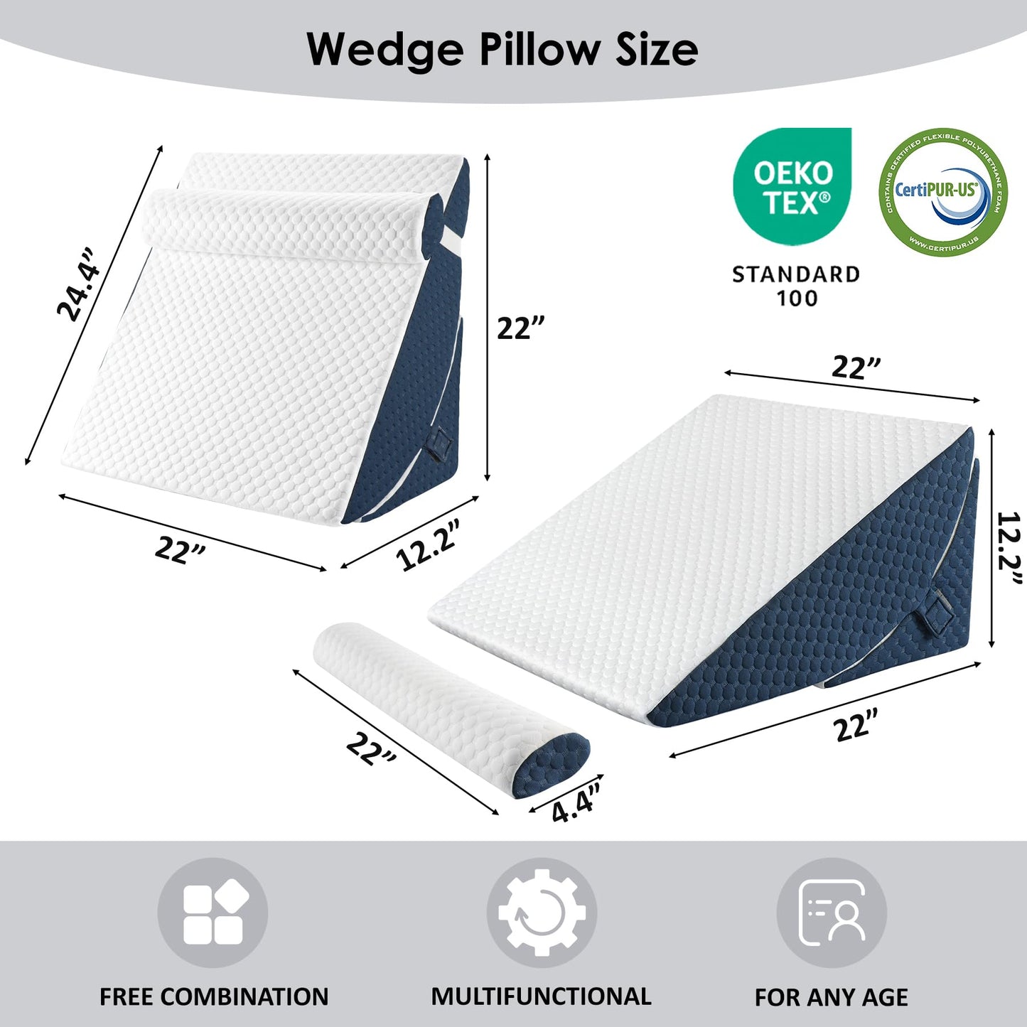 Bed Wedge Pillow for Sleeping, Adjustable 7 &12 Inch Foam Wedge Pillow for Post Surgery, Elevated Triangle Pillow for Acid Reflux, Back Pain Relief, Leg Support，3pack