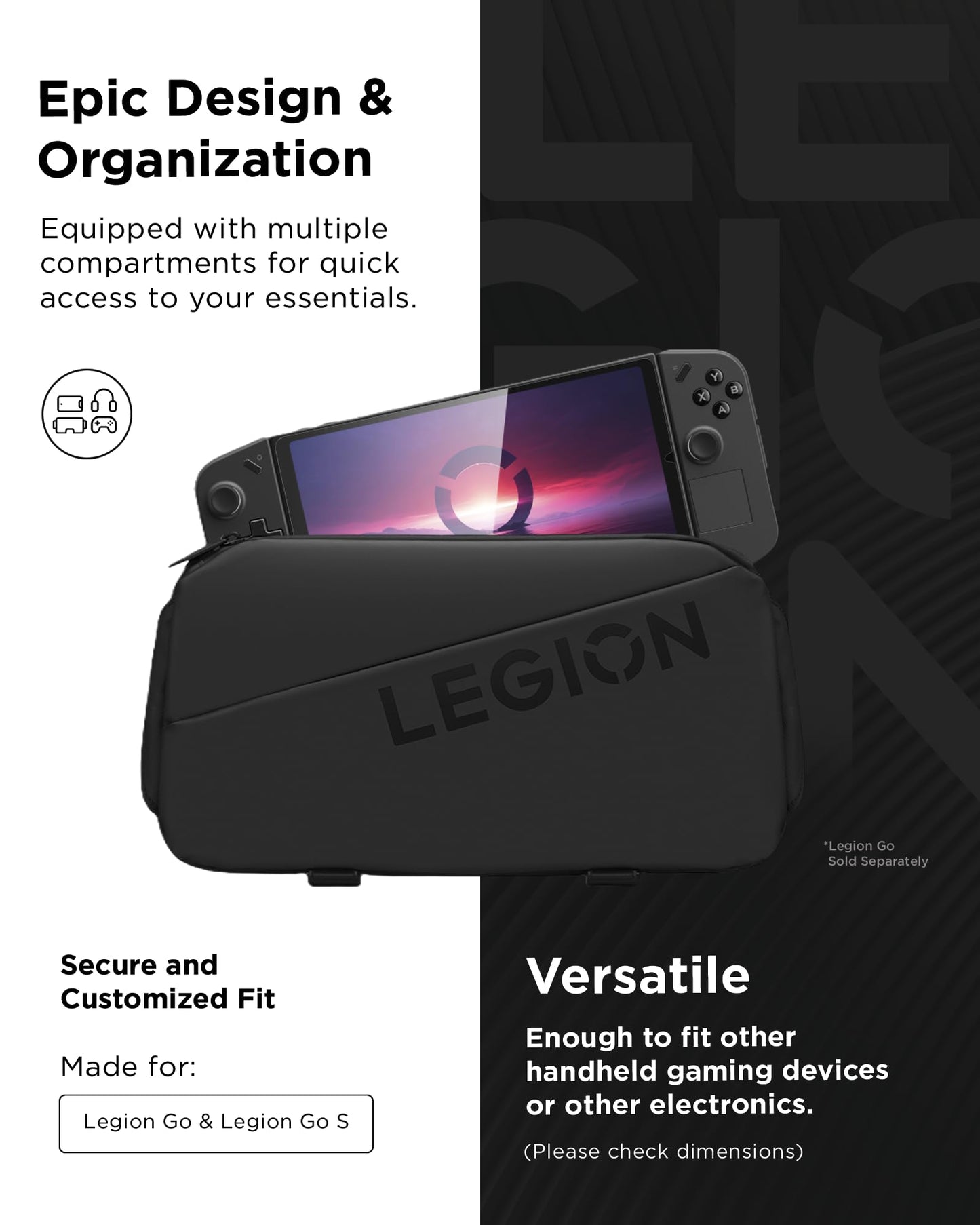 Lenovo Legion Sling Bag, Carrying Case for Legion Go Gaming Console, Waterproof, Black