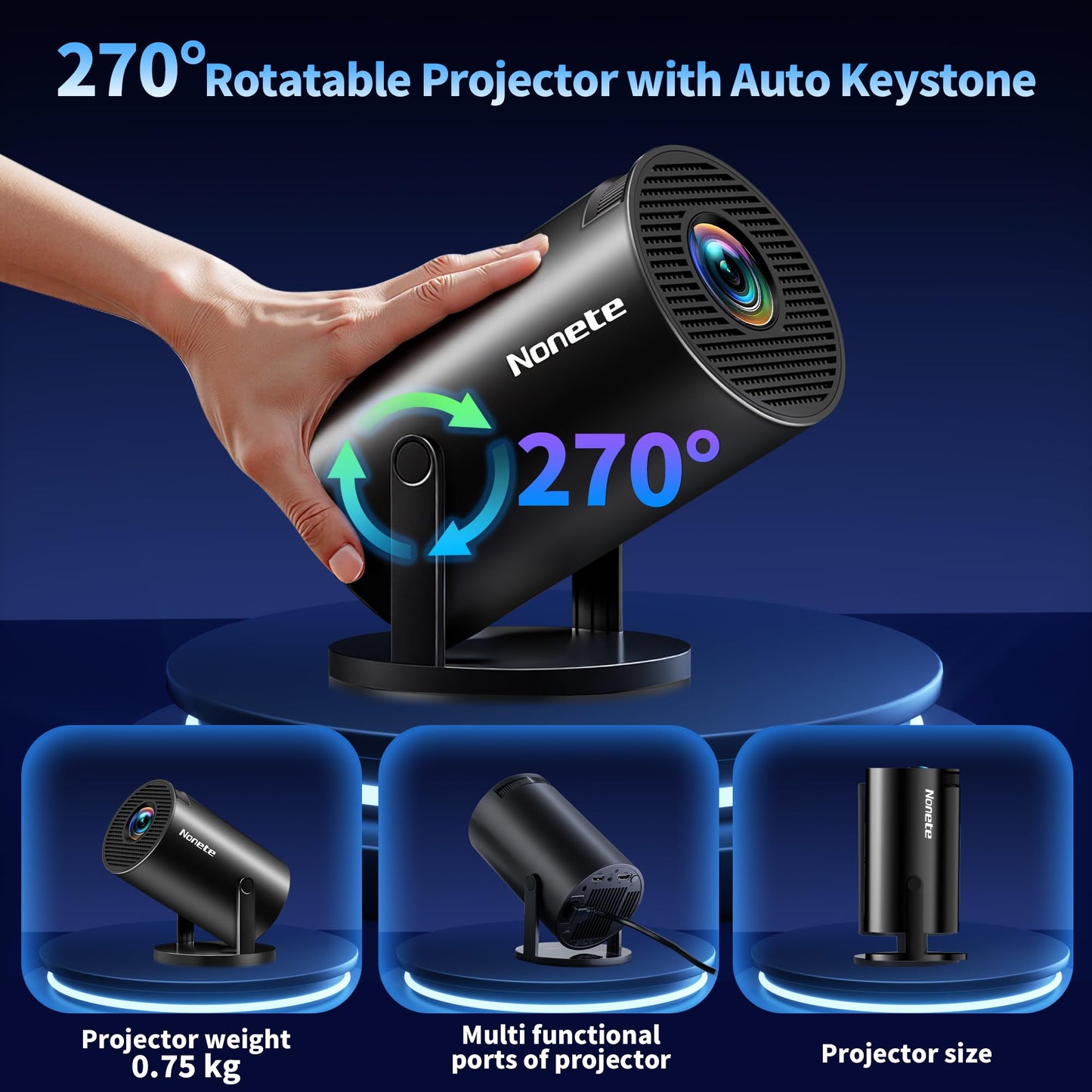 [2026 Upgraded] Mini Projector Support 4K 1080P FHD Auto Keystone 270° Rotatable with WiFi 6 and Bluetooth 5.2 Projector Portable Compatibile with HDMI/TV Stick/Memory Stick/Laptop,Black