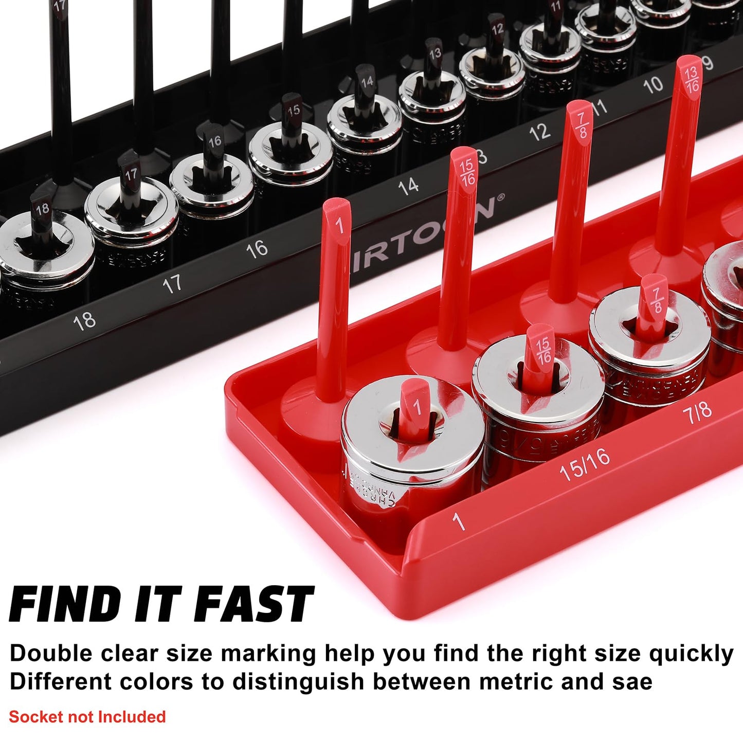 AIRTOON 8-Piece Socket Organizer Trays, SAE and Metric Socket Tray Set, 1/4", 3/8", and 1/2" Drive Deep and Standard Socket Holders Organizers for Toolbox, Black & Red
