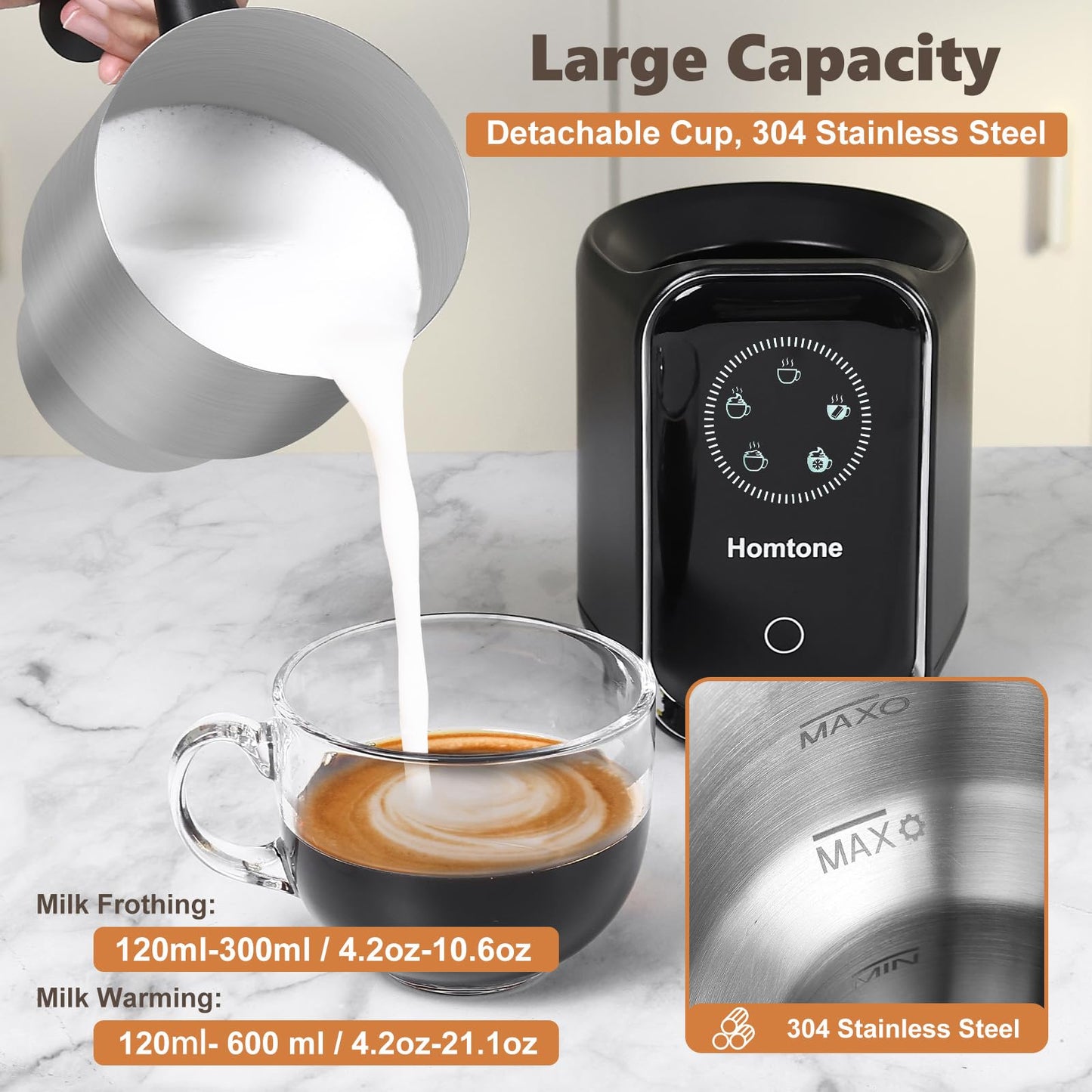 Homtone 5-in-1 Electric Milk Frother and Steamer, 21 oz Induction Milk Frother, Removable Stainless Steel Automatic Milk Steamer for Latte, Hot Chocolate Milk, Hot & Cold Foam, Large