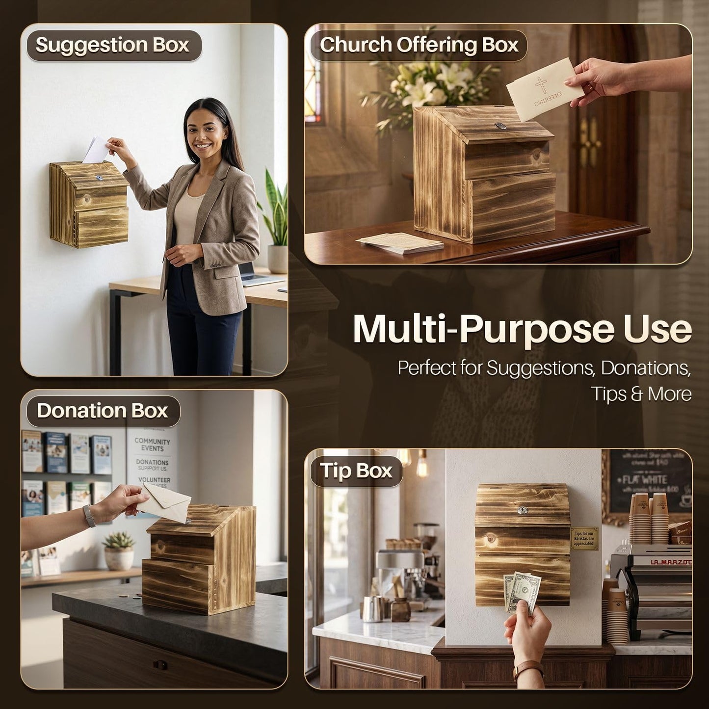 Flexzion Wooden Lockable Suggestion Box with Key Lock Lid, Wall Mounted or Free Standing Locked Ballot Prayer Donation Comment Cash Tip Money Drop Box Includes Hardware, 2 Keys