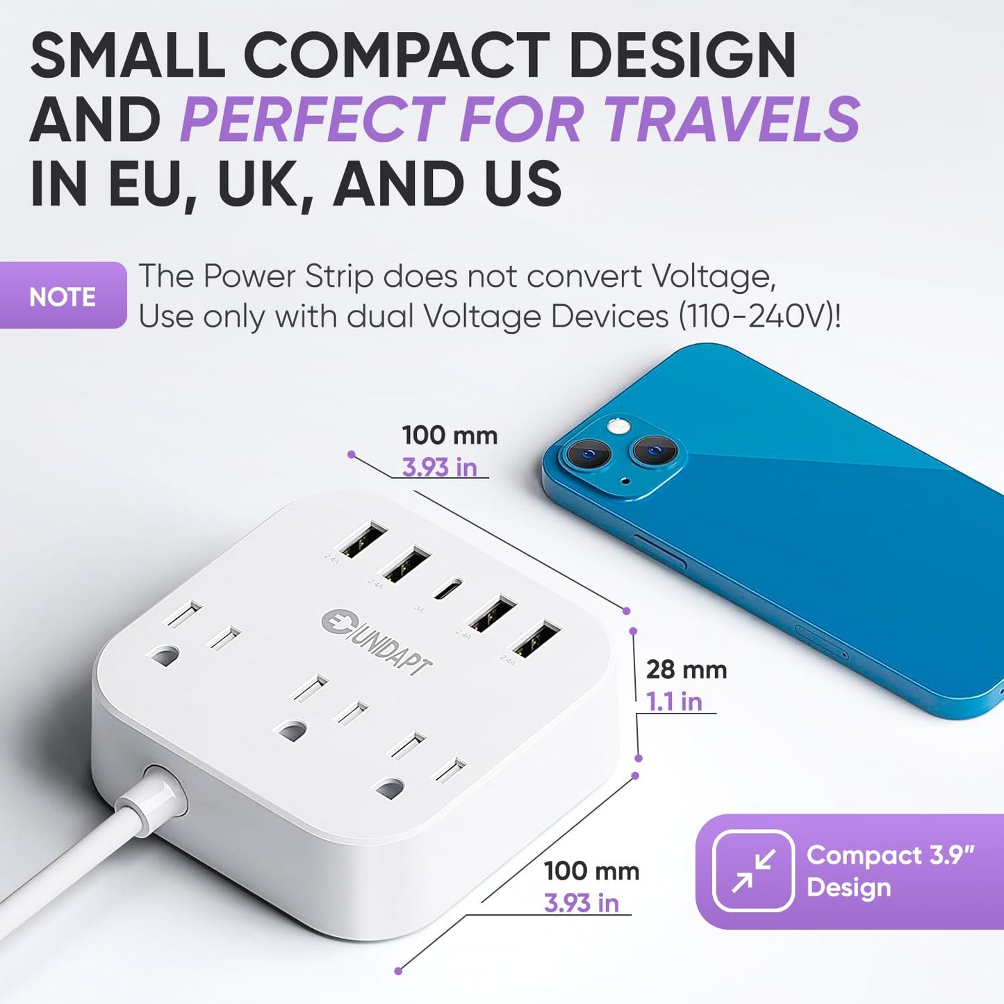 Unidapt European Plug Adapter, Unidapt US to UK Europe Power Strip for EU/UK/US with USB C and 4 USB Ports, 3 AC Outlets, Wall Mountable, 5ft Cord, for Travel Cruise Ship Home (WSS-603)