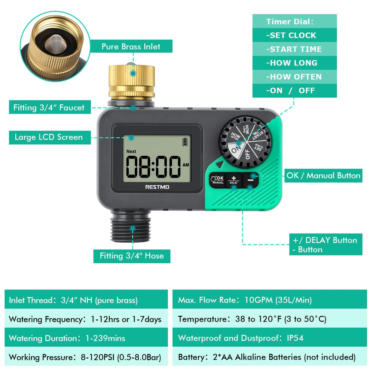 RESTMO Water Timer for Garden Hose, Programmable Sprinkler Timer with Brass Inlet, Rain Delay/Manual ON/Off/Automatic Irrigation Control, Hose Timer for Outdoor Faucet, Yard and Lawn Watering System