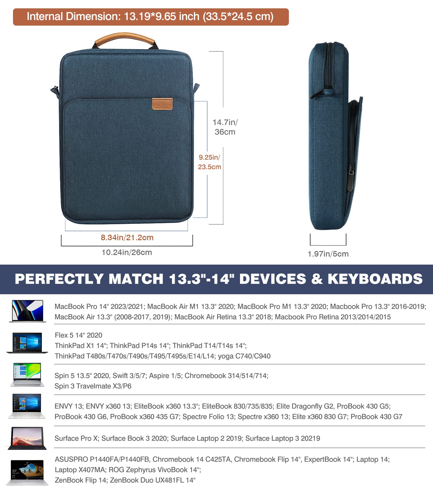 MoKo 13.3-14 Inch Laptop Sleeve Bag Fits MacBook Pro M3/M2 14" 2023, MacBook Pro 13" M2, New MacBook Air 13.6" M3/M2 2024/2022,Tab S8 Ultra 14.6",Handle Carrying Case with Shoulder Strap, Indigo