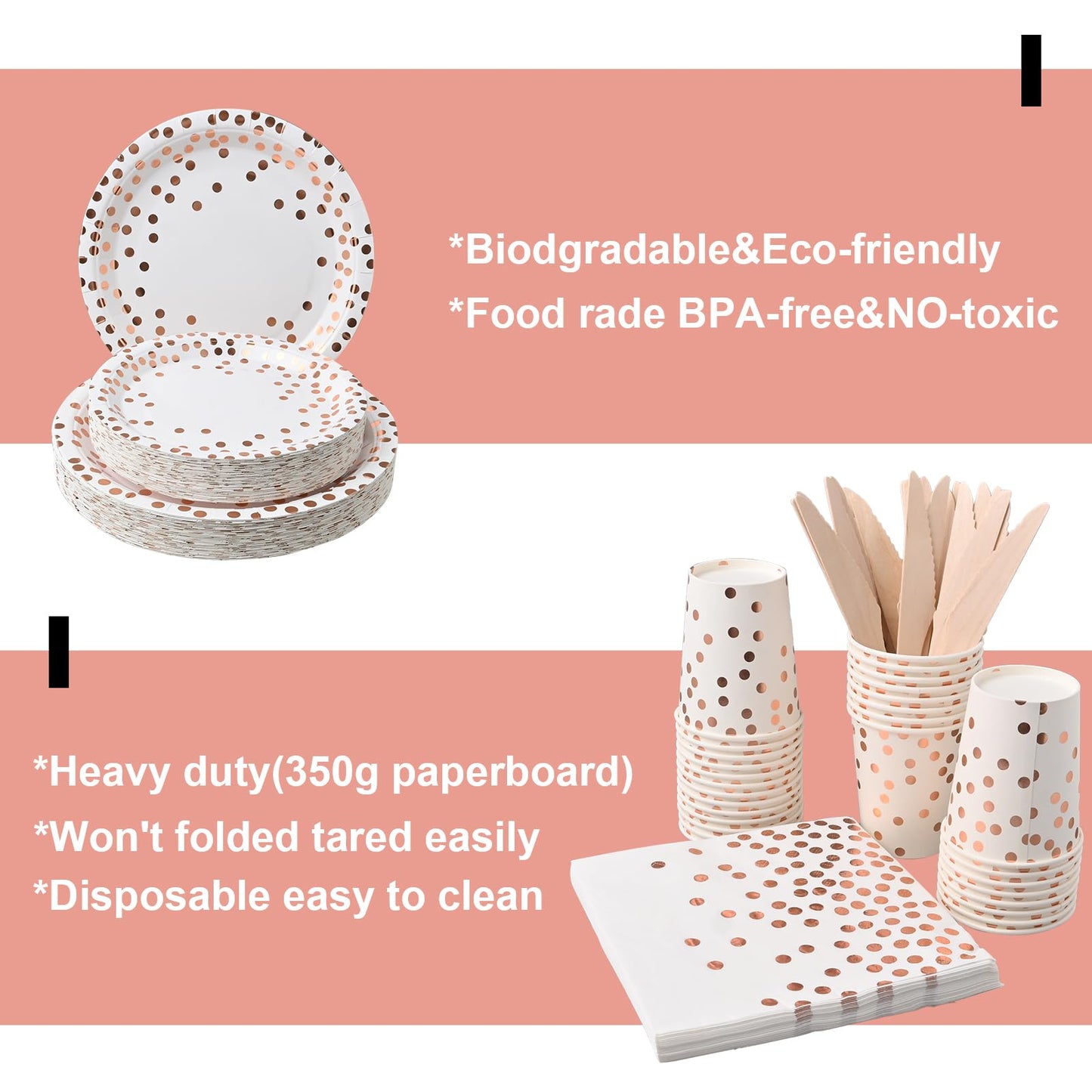350Pcs White and Rose Gold Party Supplies, Disposable Dinnerware Set - Paper Plates Napkins Cups Plastic Forks Knives Spoons for Birthday Christmas Party Baby Shower New Years Eve Decor, Severs 50