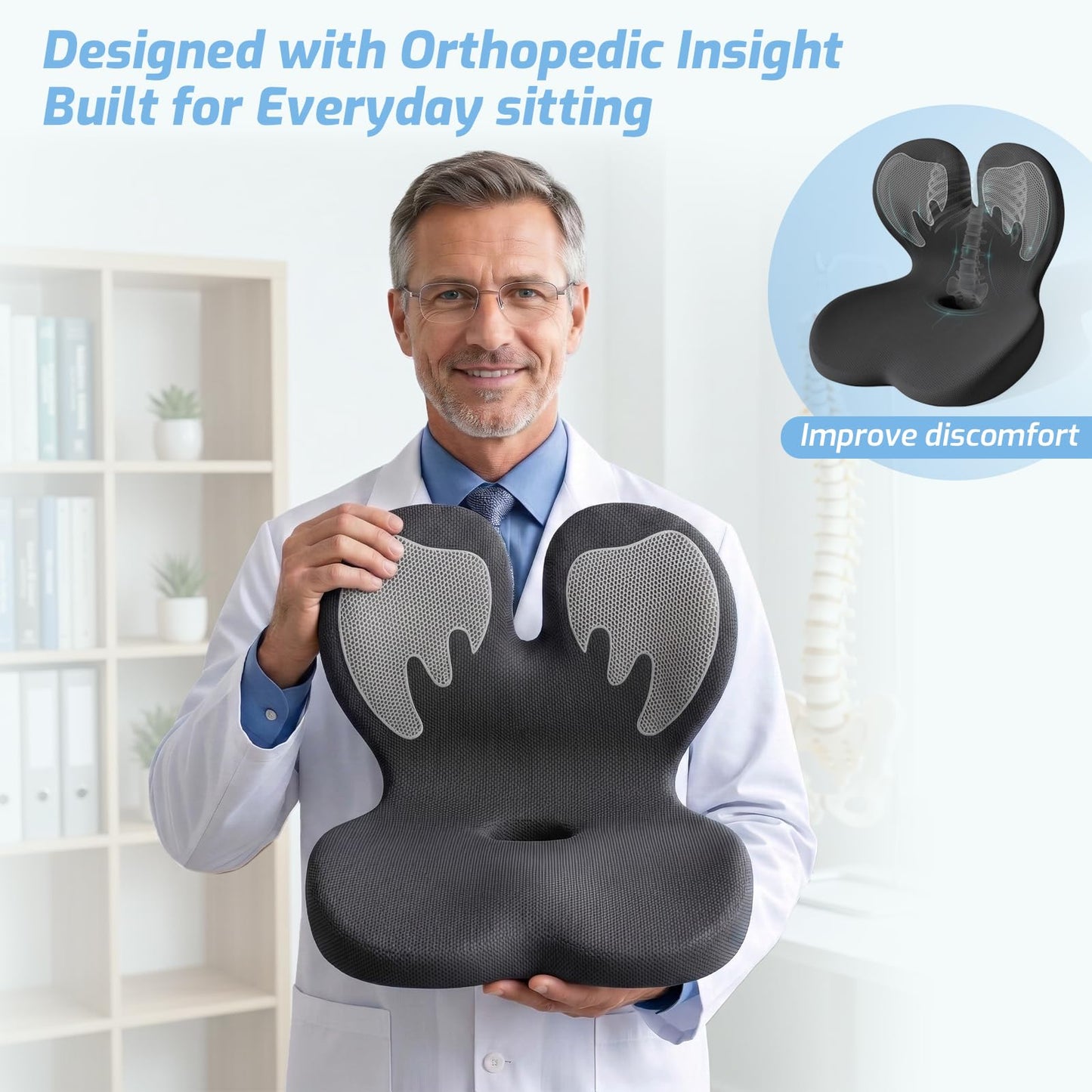 Ergonomic Seat Cushion,Memory Foam Office Chair Cushion with Lumbar Back Support, Design for Sciatica,Tailbone,Back Pain Relief for Office Chair, Car, Truck Driver,Comfort