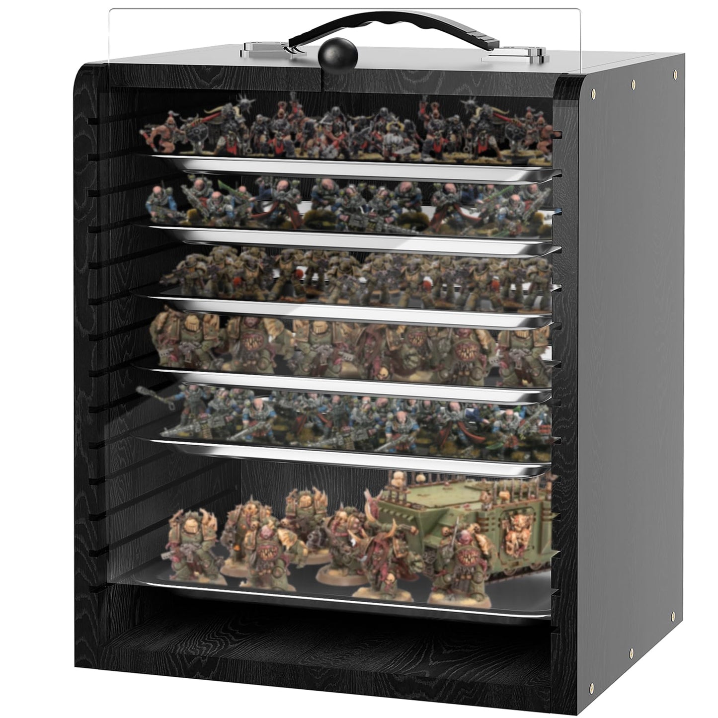 AKOZLIN Miniature Display Case for Collectibles Miniatures with 6 Trays & Handle Wooden Miniature Carrying Transport Case,Black