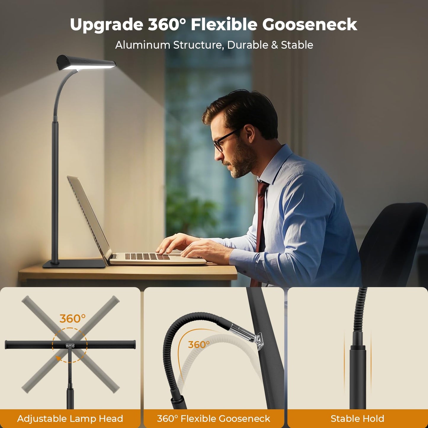 Desk Lamp for Home Office, Eye-Caring Architect LED Table Lamp, 3 Color Modes & 10 Brightness Level Desk Lamp, Adjustable Flexible Gooseneck, 21.5inch Tall Desk Light for Work Study Reading (Black)