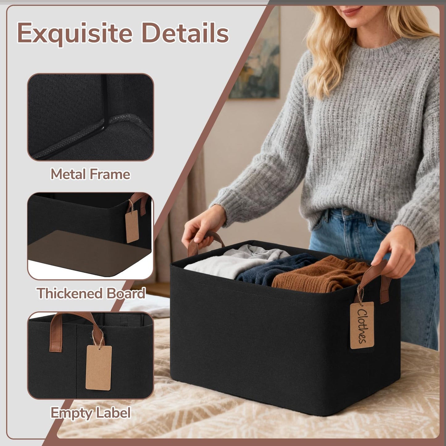 Goodpick 4-Pack Storage Basket,Closet Organizers and Storage Box,Storage containers for Shelves,16.75" L x 11" W x 9.75" H, Black
