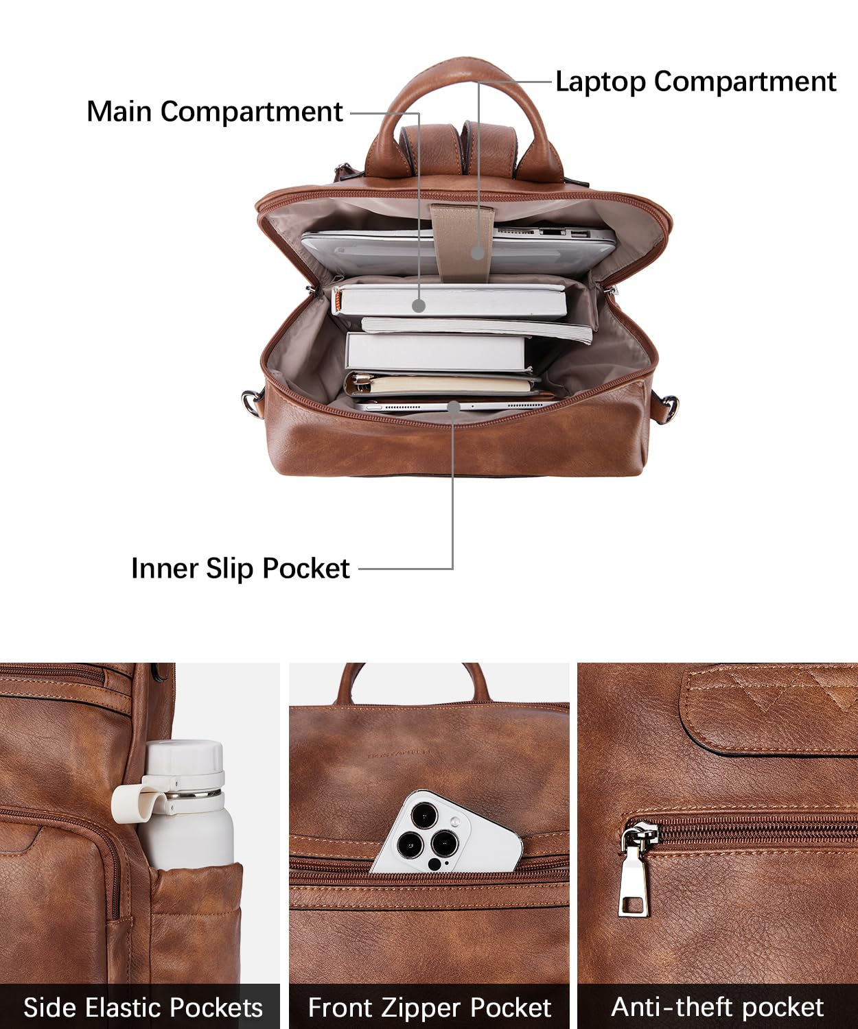 BOSTANTEN Leather Laptop Backpack for Women Designer Travel Backpack with Laptop Compartment Ladies Computer Shoulder Bags Brown