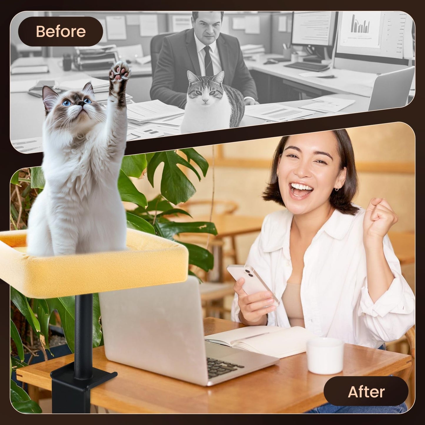 wavetoka Cat Desk Bed, Sturdy Cats Bed for Desk with Washable Cover, Dual-Sided Breathable Summer & Winter, Comfortable Soft Pet Nest Bed, Easy Assembly for Home Office/Study Room(undertint)