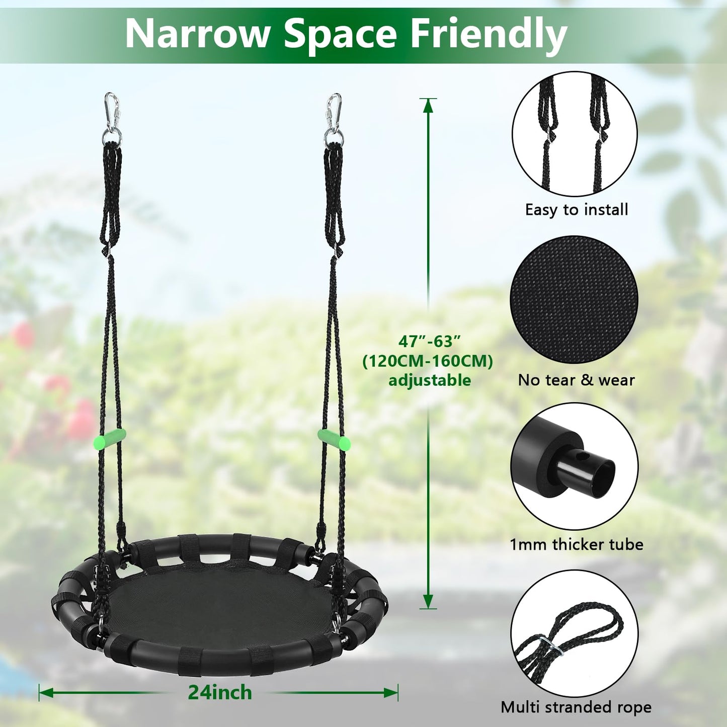TBMLC 24-Inch Diameter Tree Swing- 1 Inch Diameter,1MM Thick Sturdy Steel Frame with Thick Foam Pipe Cover and Durable PP Mat - Perfect for Outdoor Fun and Relaxation (24 inch Diameter, Black)