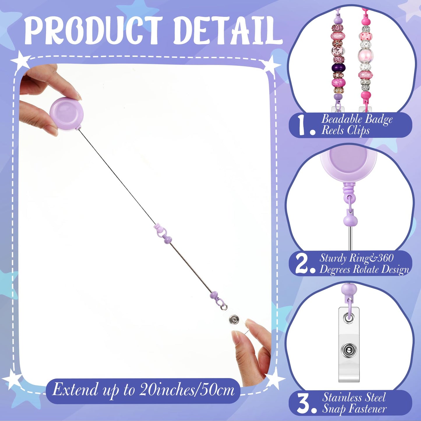 Sayglossy 50 Pcs Beadable Badge Reel Retractable Clips Holder for Beads Bulk Blank Bar ID Name Badge Reels with Belt Clip Beadable Items for Nurse Teacher Office Jewelry DIY Gift, 19.69 inches/ 50 cm