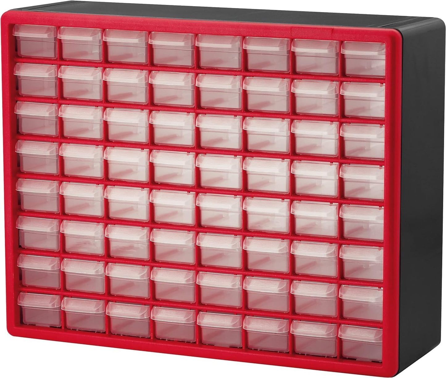 Akro-Mils 10164 64-Drawer Plastic Drawer Storage Cabinet for Garage Organization, Building Bricks Storage, Teacher Toolbox, Makeup Organizer, and More, 20-Inch W x 6-Inch D x 16-Inch H, Red