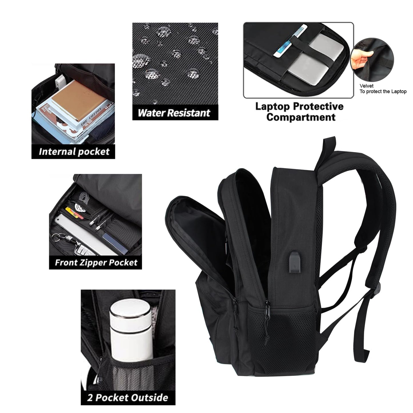 KEOFID classic carry-on travel backpack for men and women, Anti theft laptop backpack with USB charging port, large backpack for college(dark black）