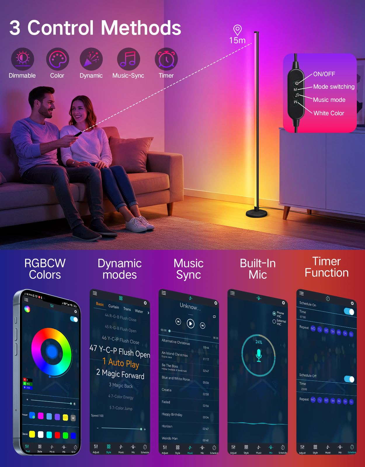 OUTON LED Floor Lamp, 24W RGBCW Corner Lamp with 256 Scenes & 16 Million Colours, Smart APP & Remote Control, Music Sync, Dimmable Colour Changing Standing Lamp for Living Room Bedroom Gaming Room