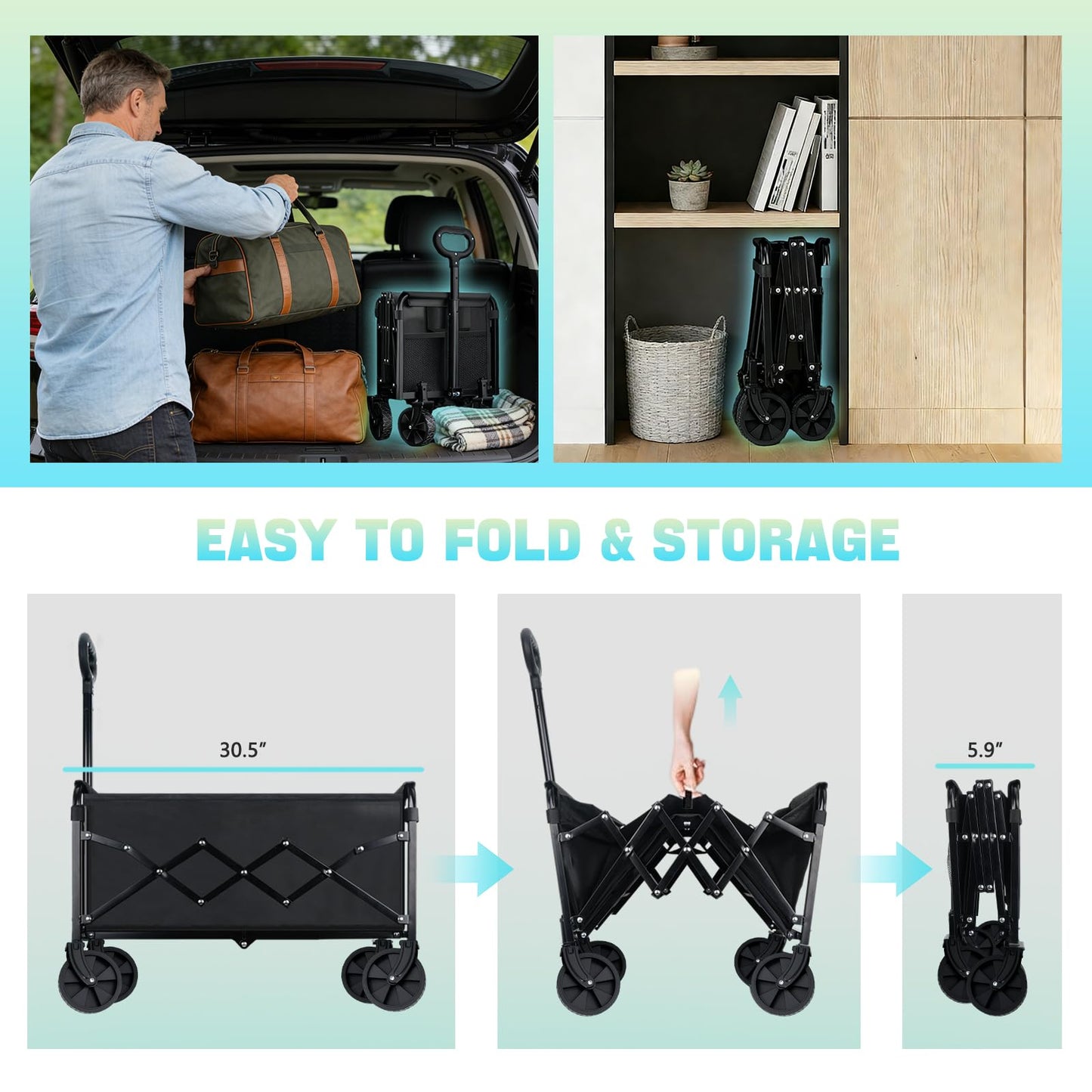 Collapsible Wagon Cart with Wheels Foldable - Lightweight 280LBS Heavy Duty Folding Utility Portable Beach Wagon with All-Terrain Wheels for Groceries Shopping Garden Sports Camping