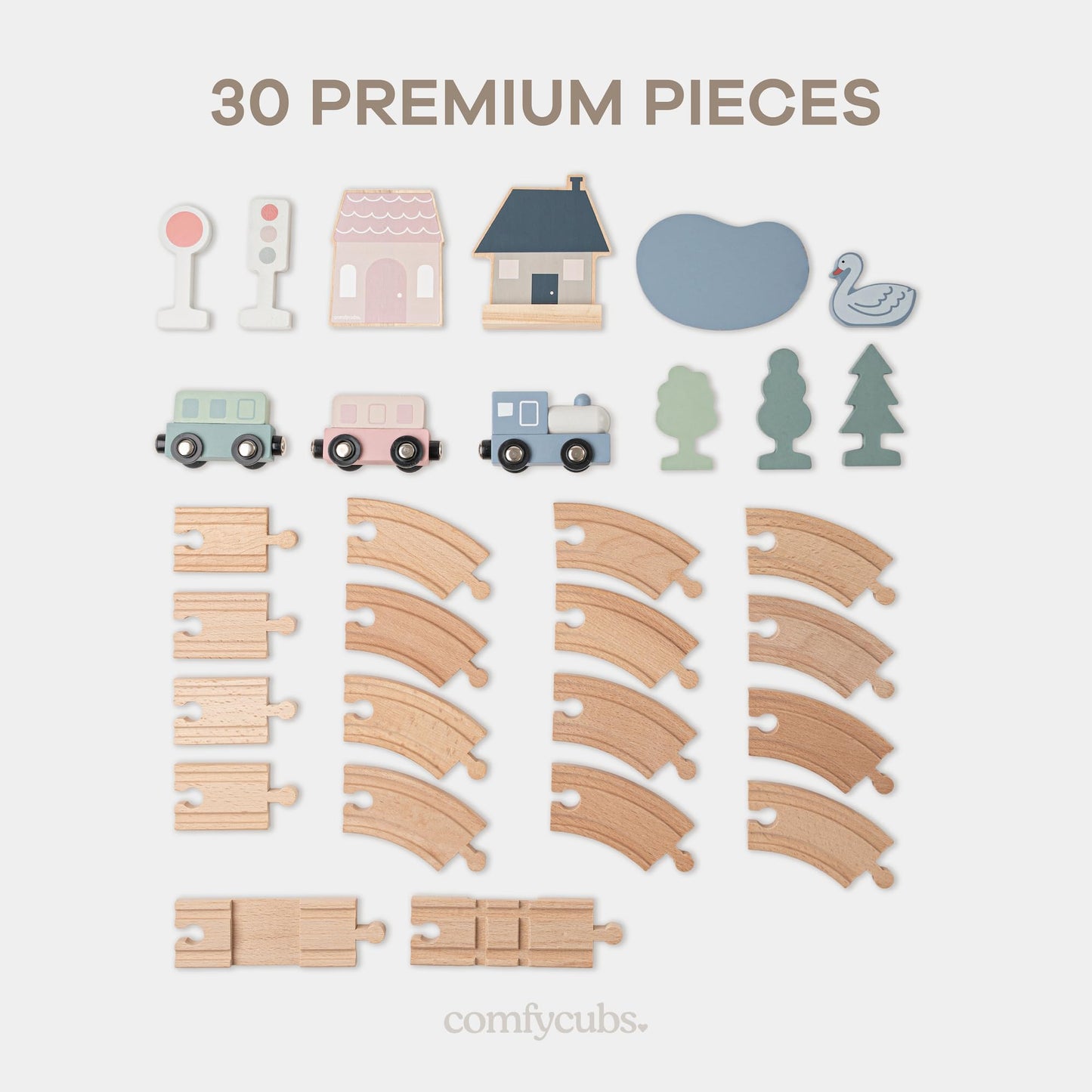 Comfy Cubs 30-Piece Wooden Train Set for Toddlers Ages 1+, Fun & Eco Friendly Toddler Train Set with Complete Toy Town - Creative Wooden Toys Promoting Imaginative Play with Flexible Configuration