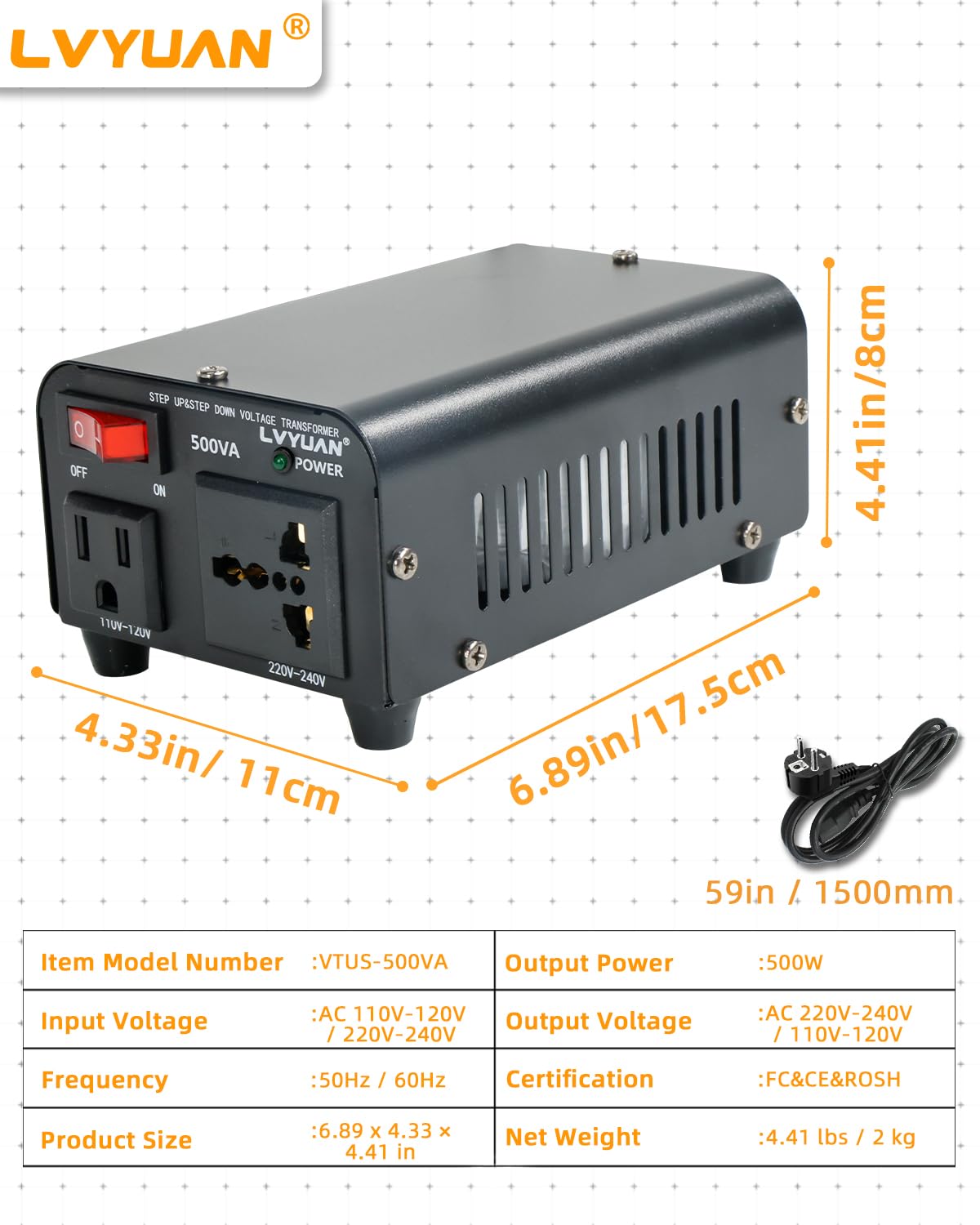 LVYUAN Voltage Transformer Converter 500 Watt Step Up/Down Convert from 110-120 Volt to 220-240 Volt and from 220-240 Volt to 110-120 Volt with US Outlet, Universal Outlet, Circuit Breaker